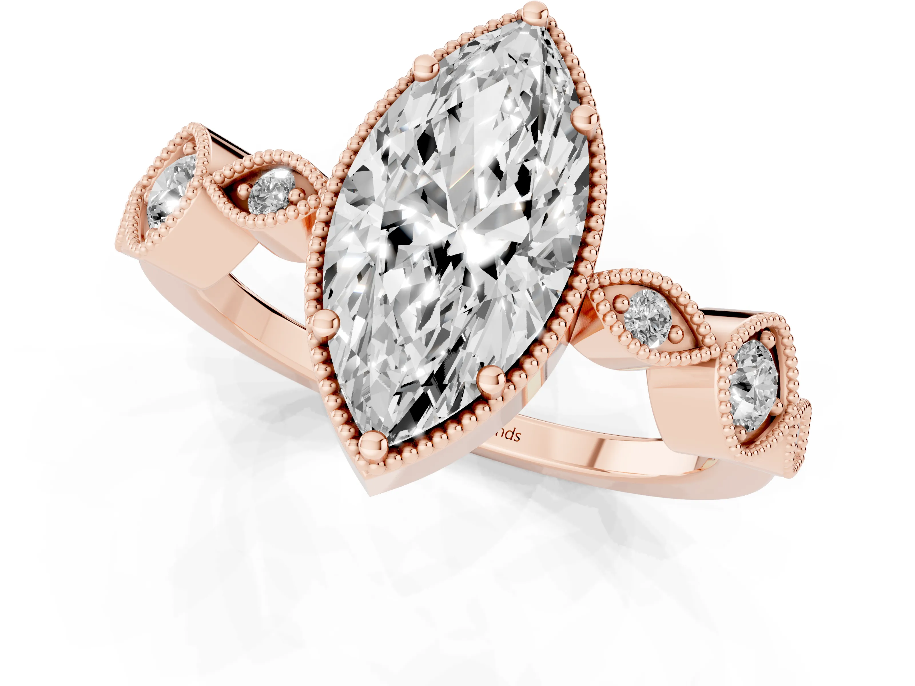 Marquise Cut Diamond Vintage-Inspired Milgrain Ring Set in Rose gold with Marquise Stations of Round Accents
