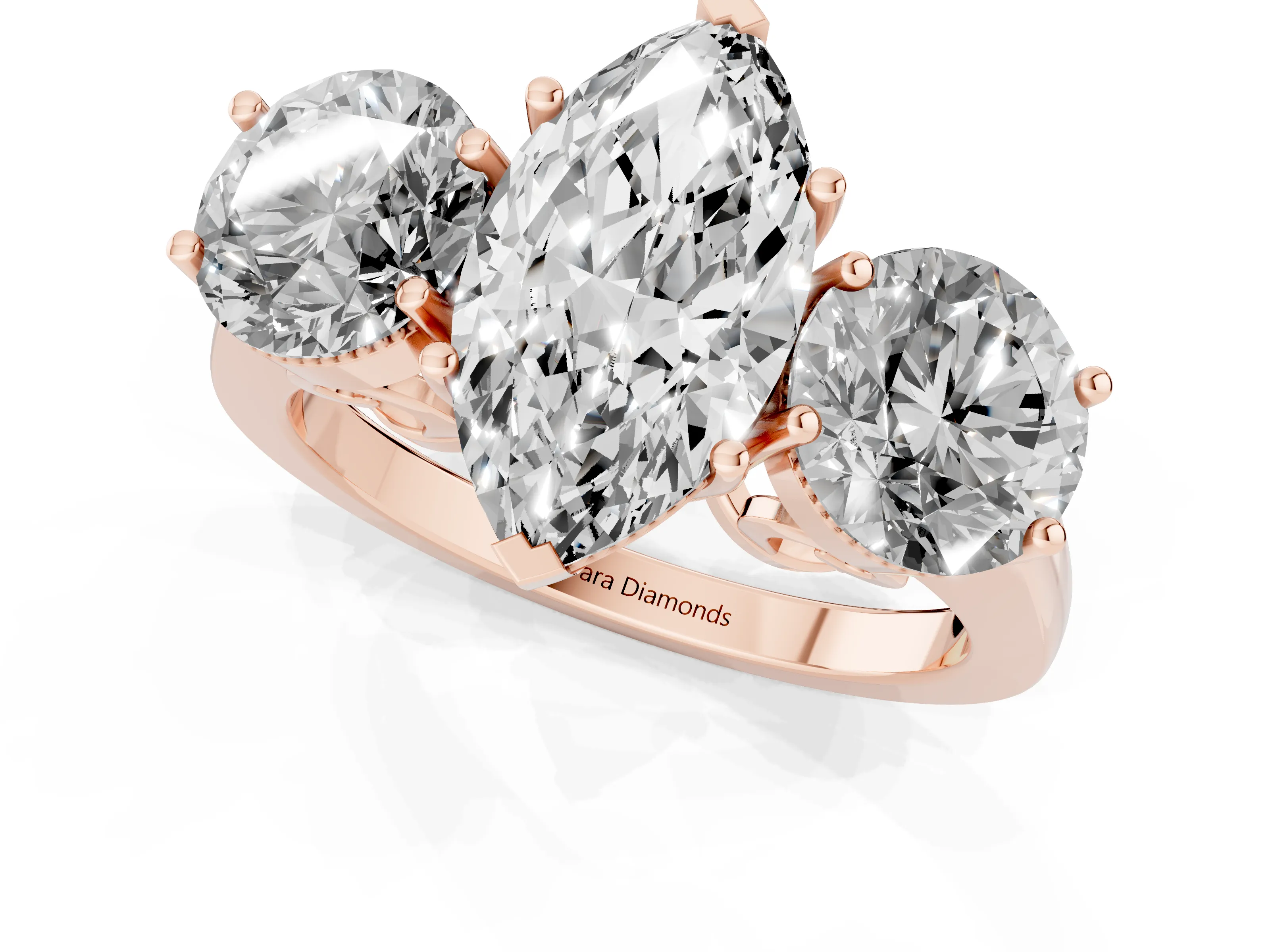 Marquise Cut Diamond Three-Stone Engagement Ring Set in Rose gold with Polished Band
