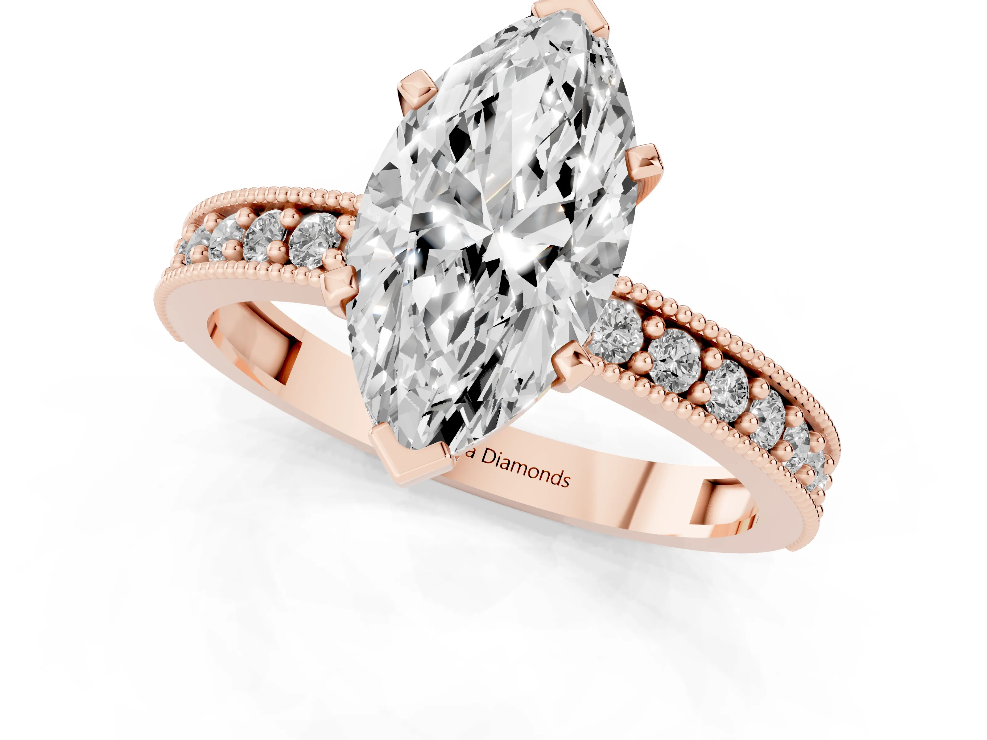 Marquise Cut Diamond Milgrain Pavé Engagement Ring Set in Rose gold with Prong Setting