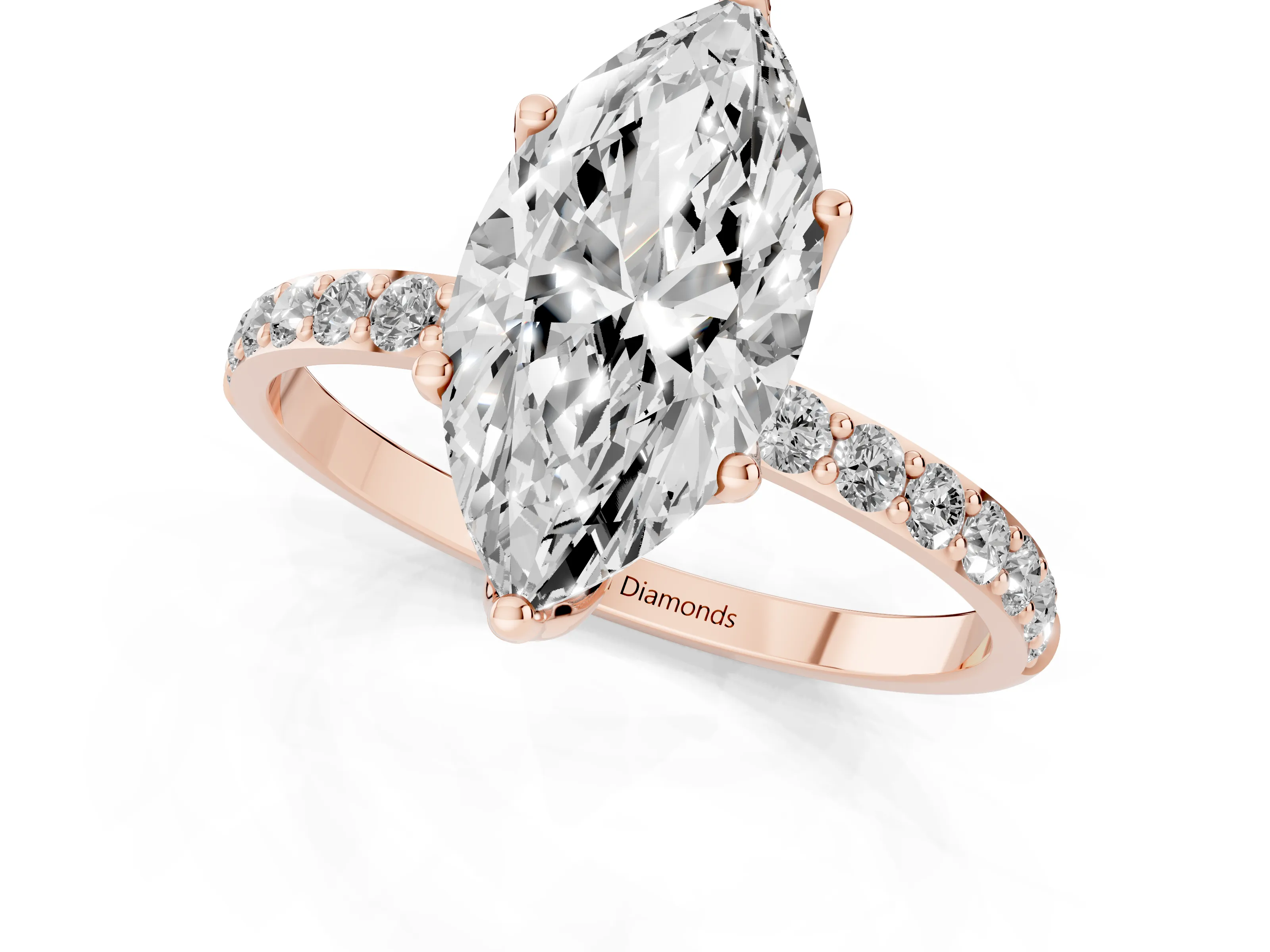 Marquise Cut Diamond Solitaire Engagement Ring Set in Rose gold with Round Pavé Band and Prong Setting