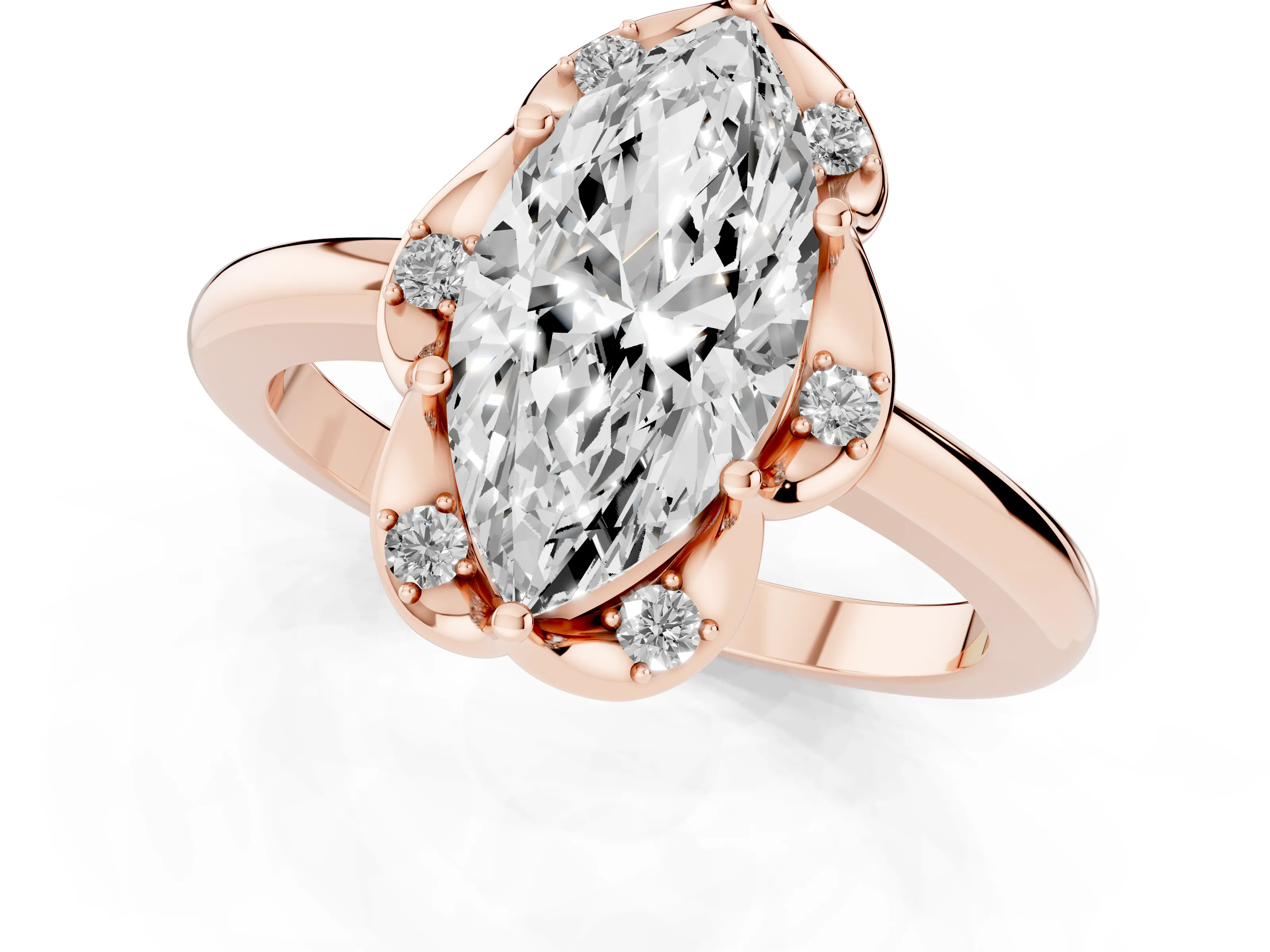 Marquise Cut Diamond Round Cluster Halo Ring Set in Rose gold with Solitaire Band and Prong Setting
