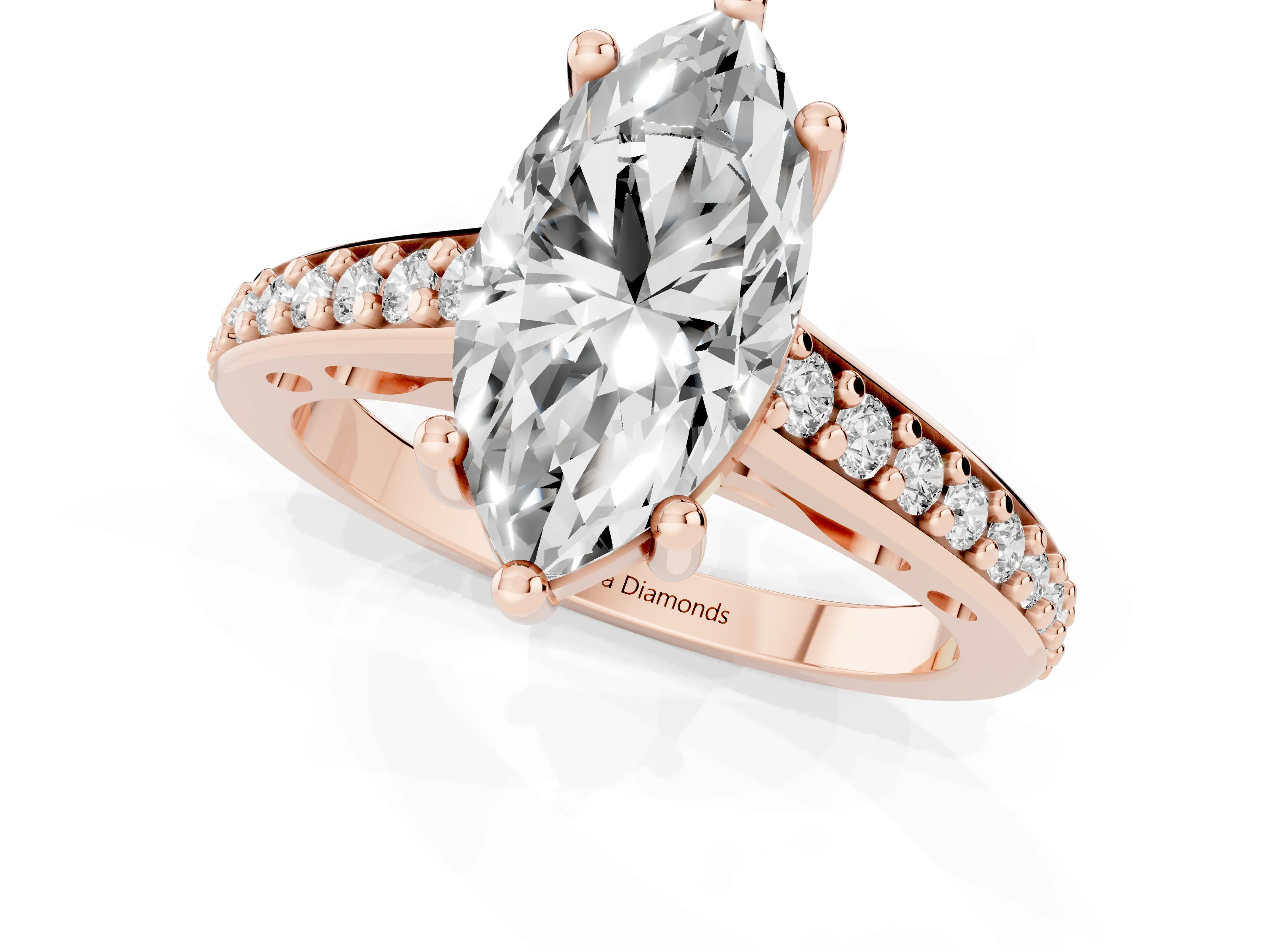 Marquise Cut Diamond Prong Set Solitaire Engagement Ring Set in Rose gold with Pavé Band – second view