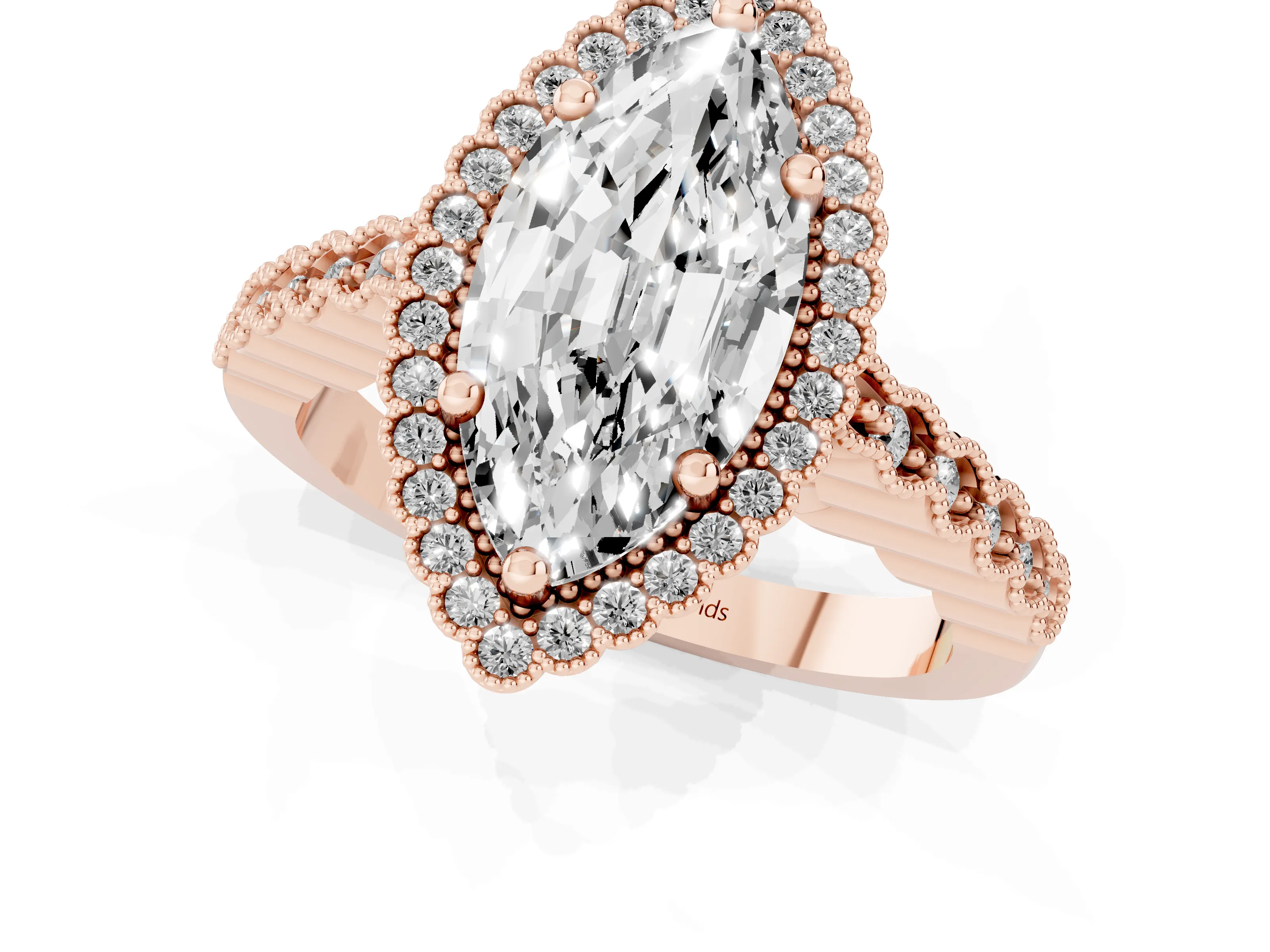 Marquise Cut Diamond Halo Ring Set in Rose gold with Pavé Milgrain Band