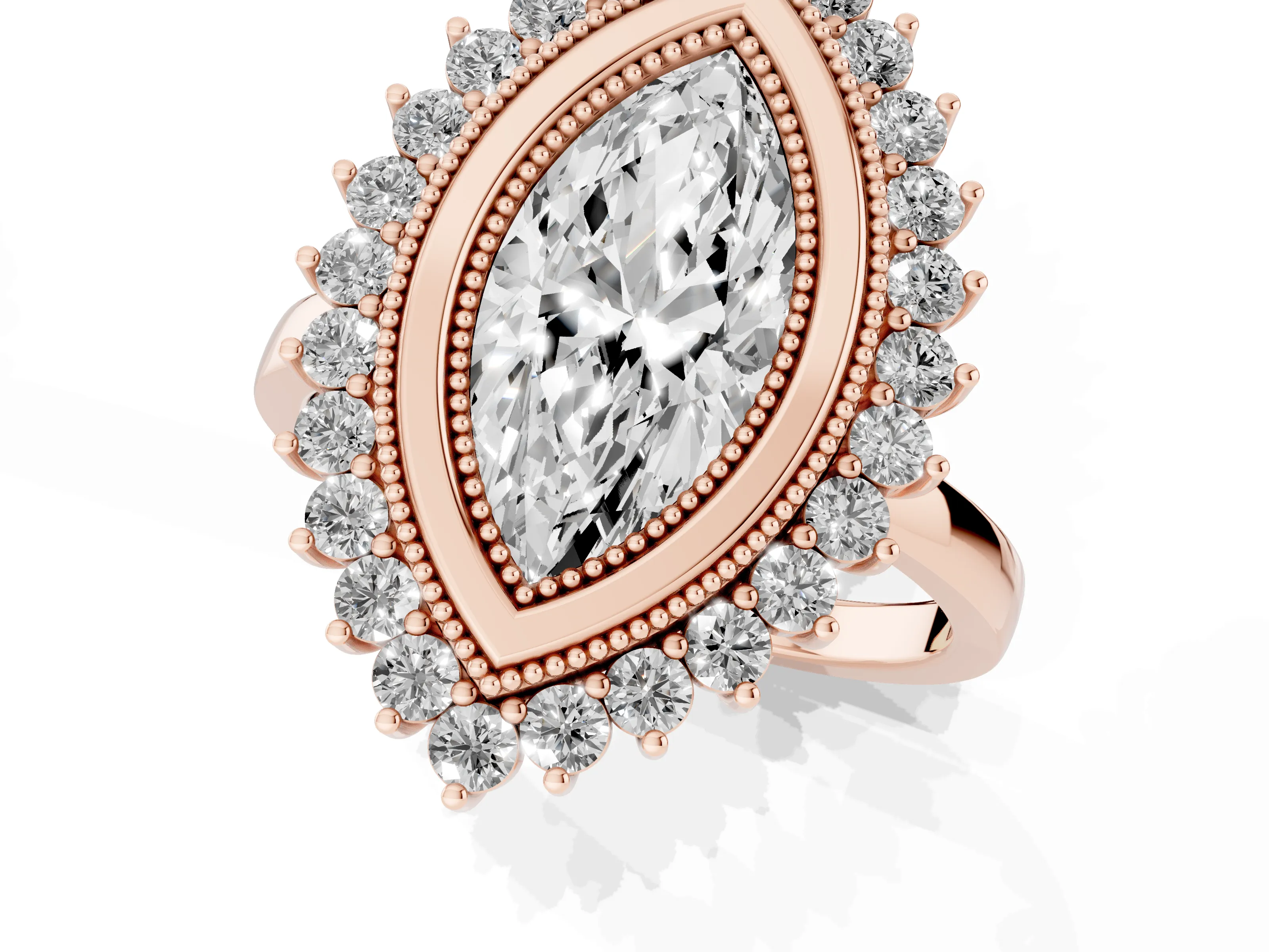 Marquise Cut Diamond Halo Ring Set in Rose gold with Milgrain Edge and Round Prong Setting