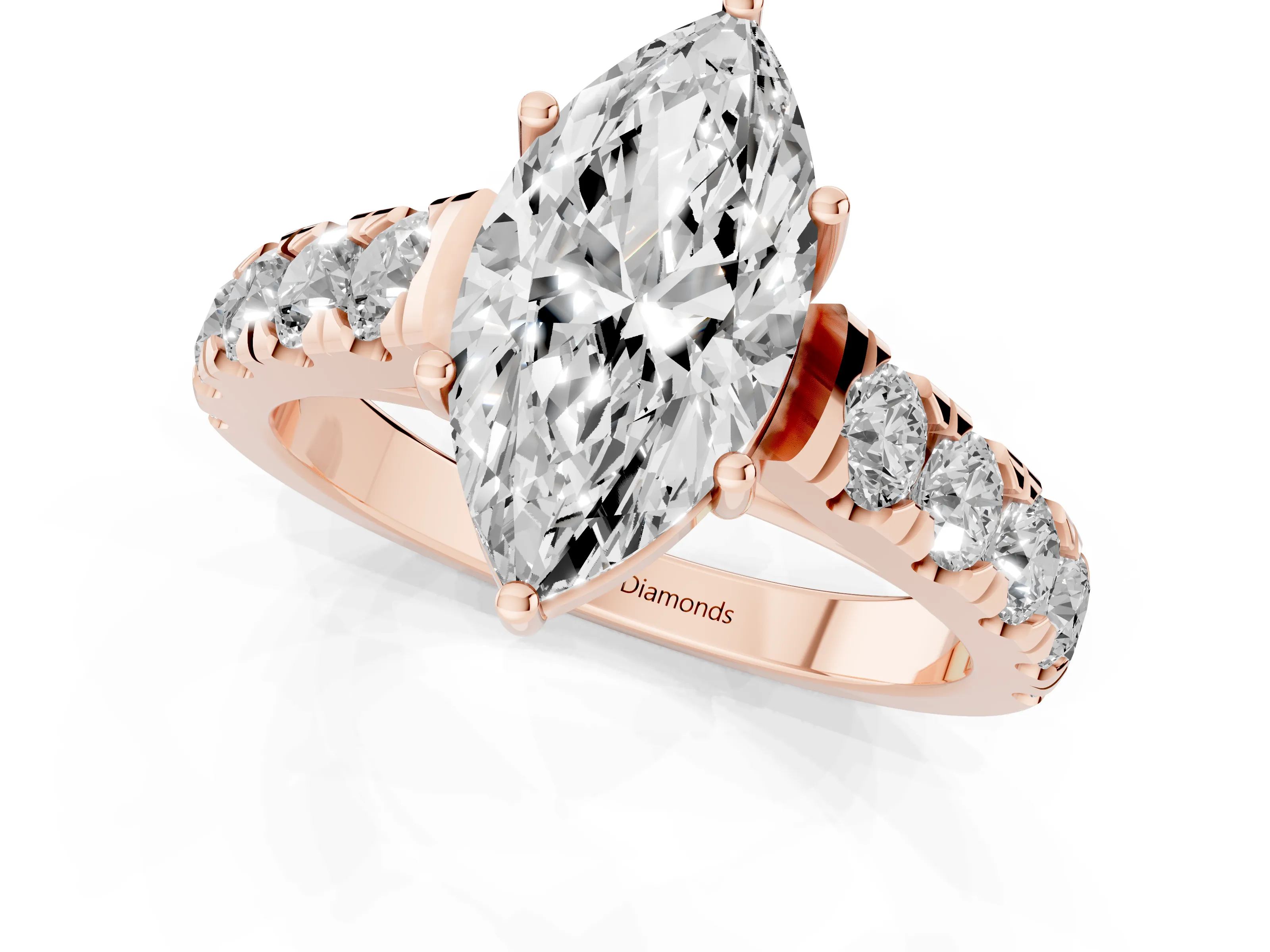 Marquise Cut Diamond Solitaire Ring Set in Rose gold with Cut-Down Micro Pavé Band and Prong Setting