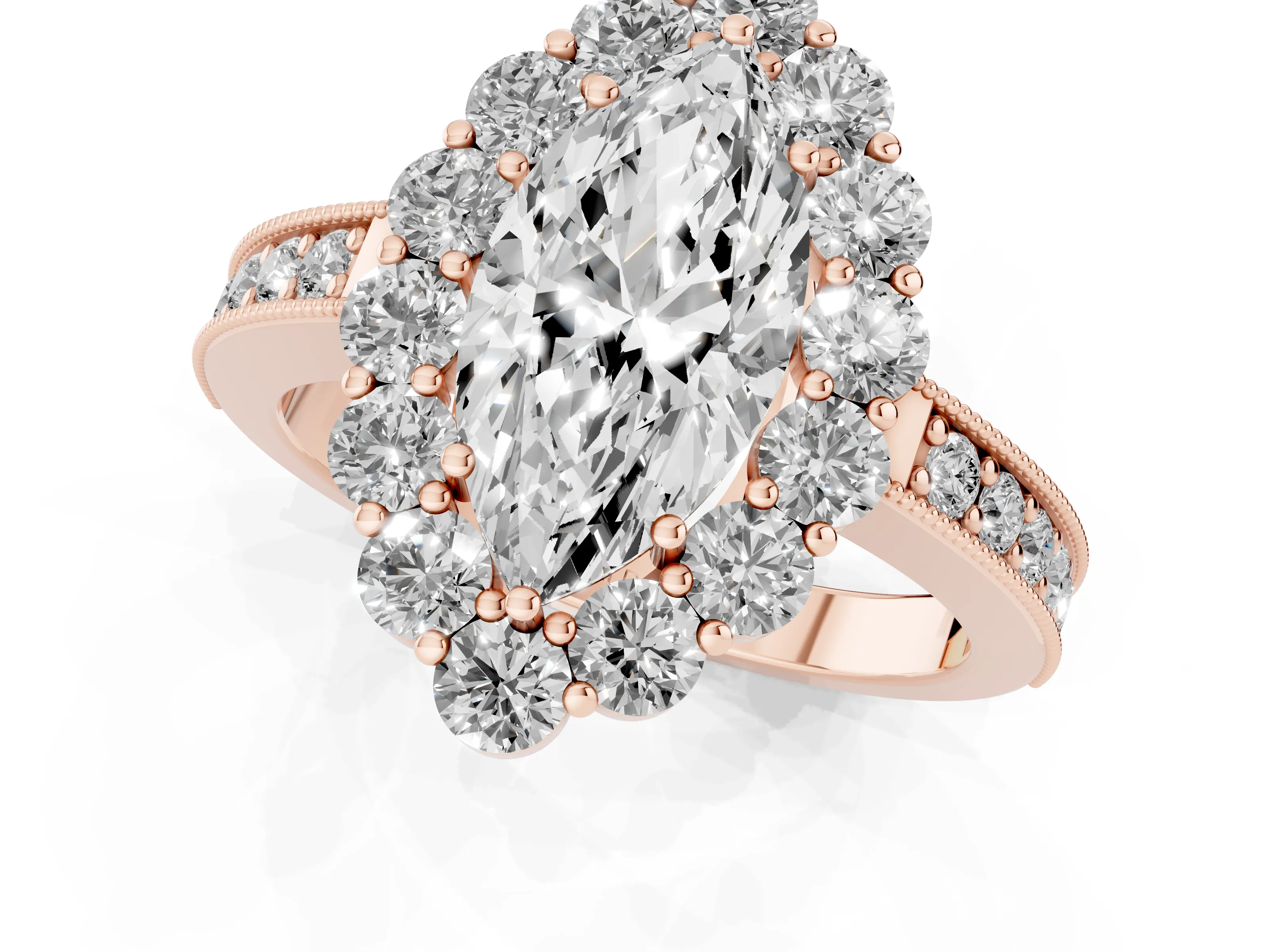 Marquise Cut Diamond Halo Pavé Engagement Ring Set in Rose gold with Milgrain Detailing