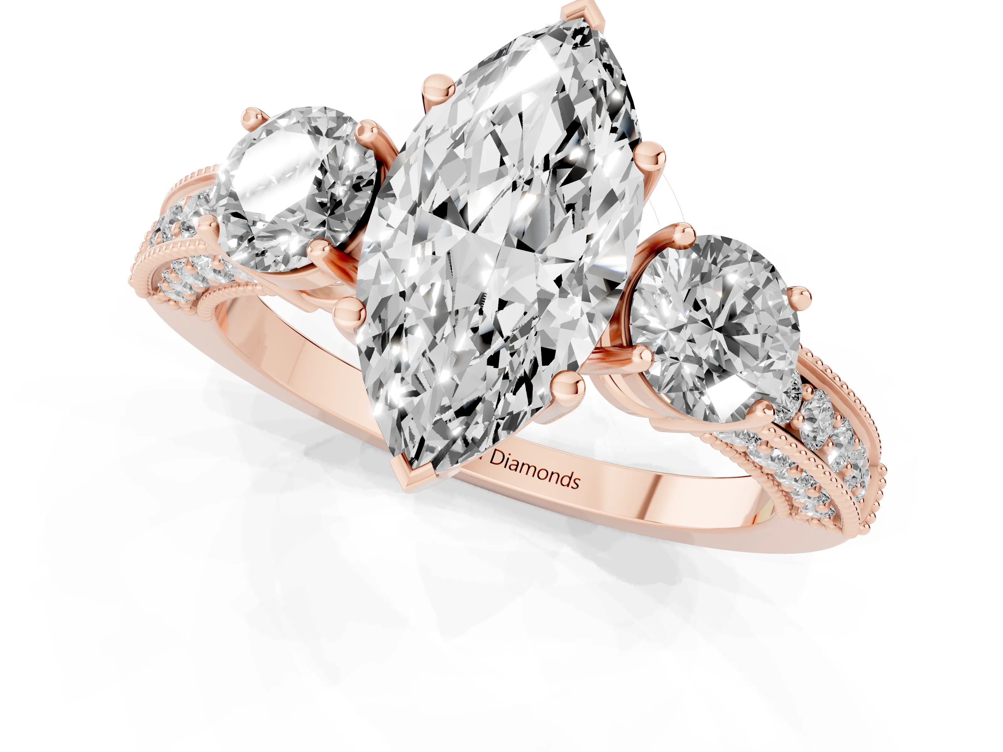 Marquise Cut Diamond Three-Stone Ring Set in Rose gold with Round Side Stones and Pavé Band