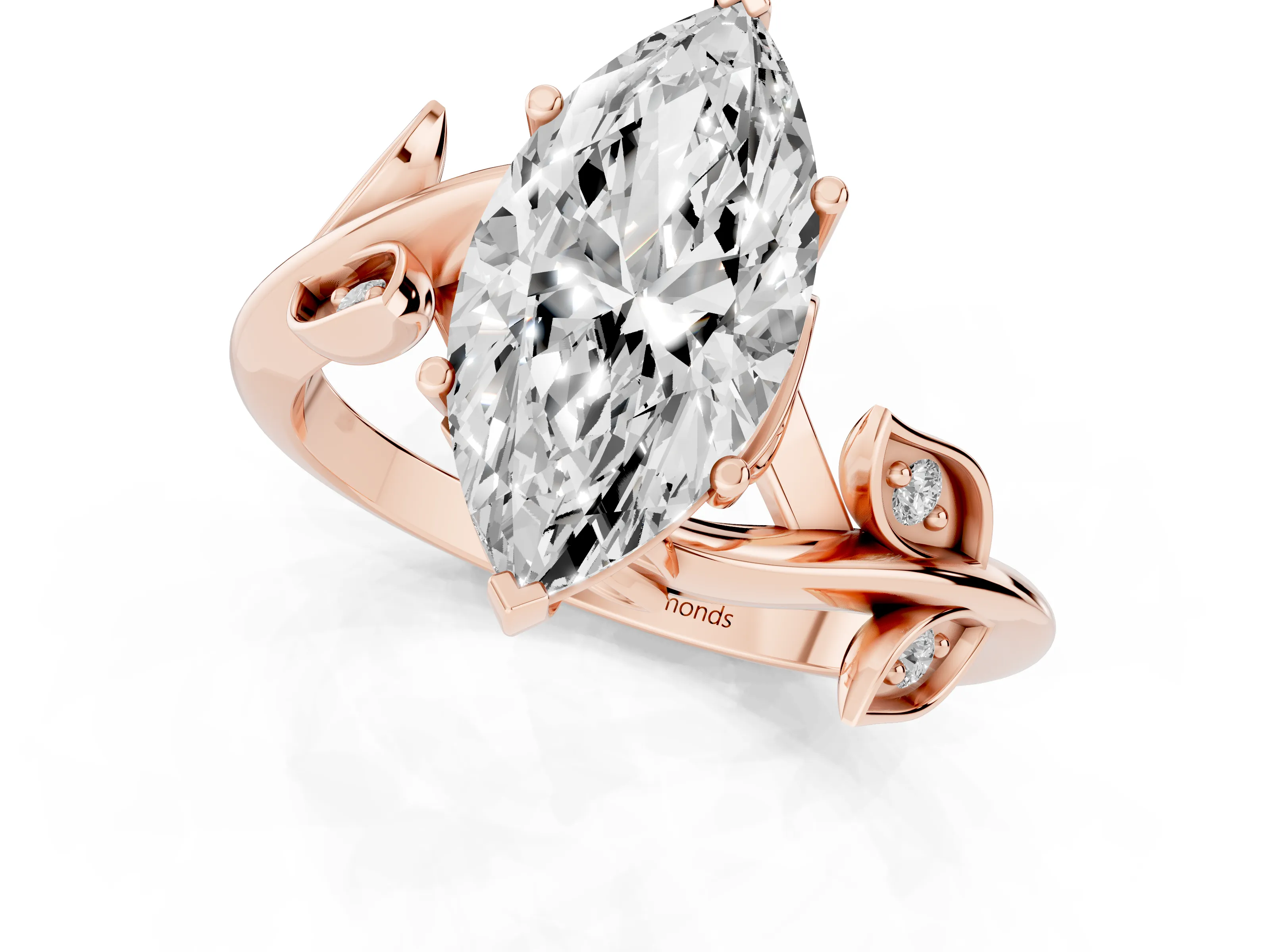 Marquise Cut Diamond Solitaire Twist Engagement Ring Set in Rose gold with Pavé Leaf Accents