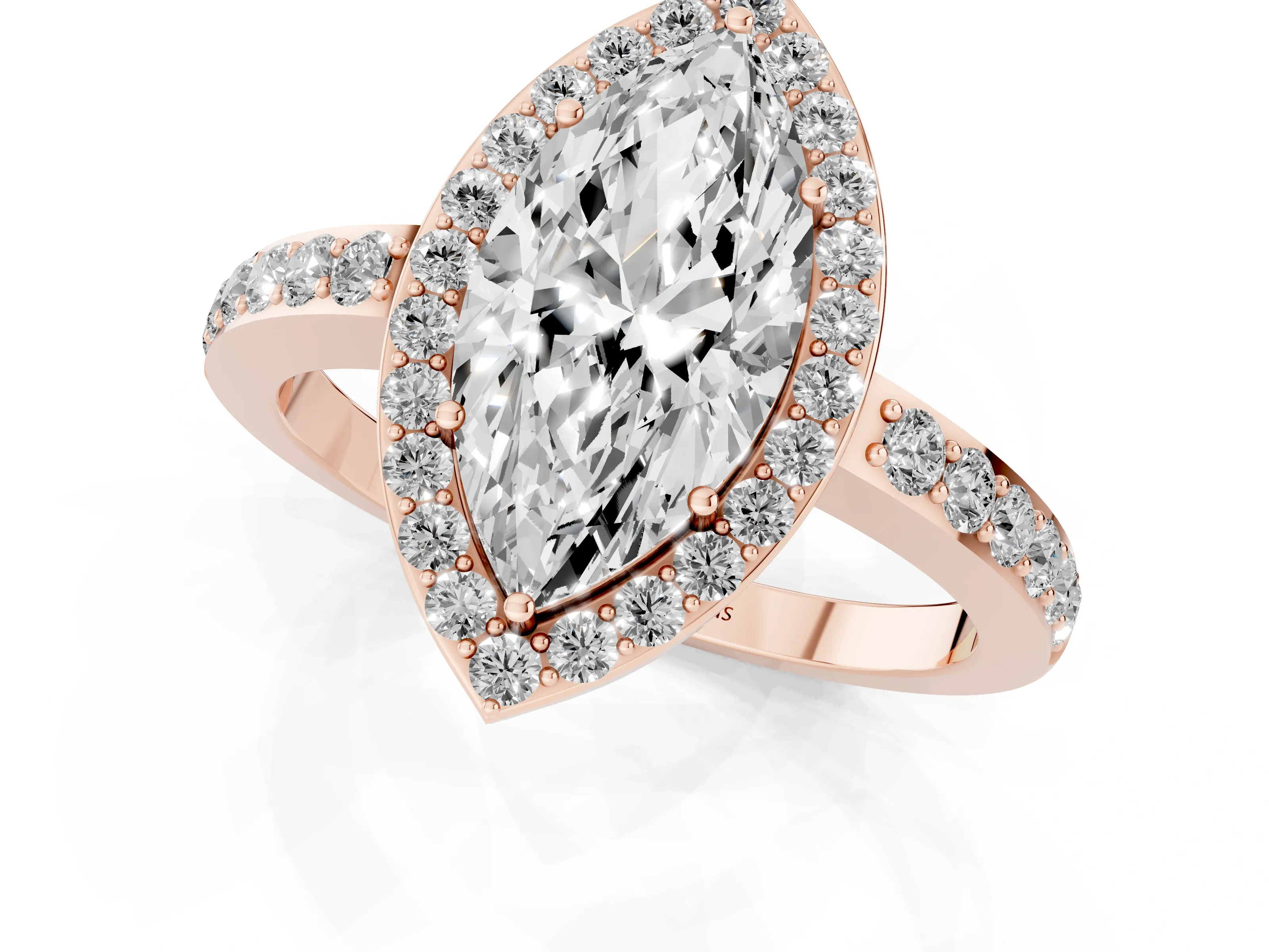 Marquise Cut Diamond Halo Ring Set in Rose gold with Pavé-Setting Band and Open Prong Center