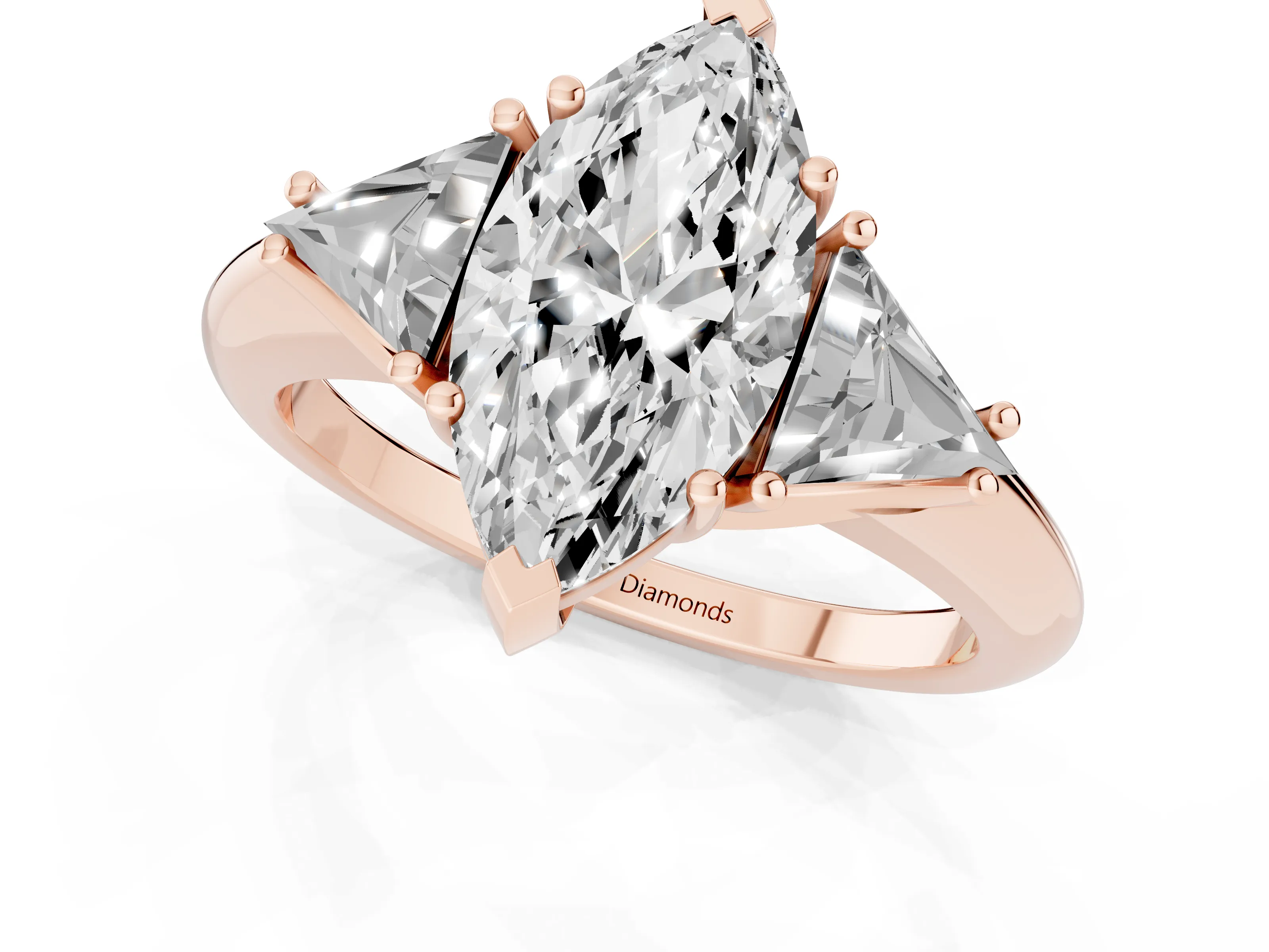 Marquise Cut Diamond Three-Stone Engagement Ring Set in Rose gold with Trillion Side Stones
