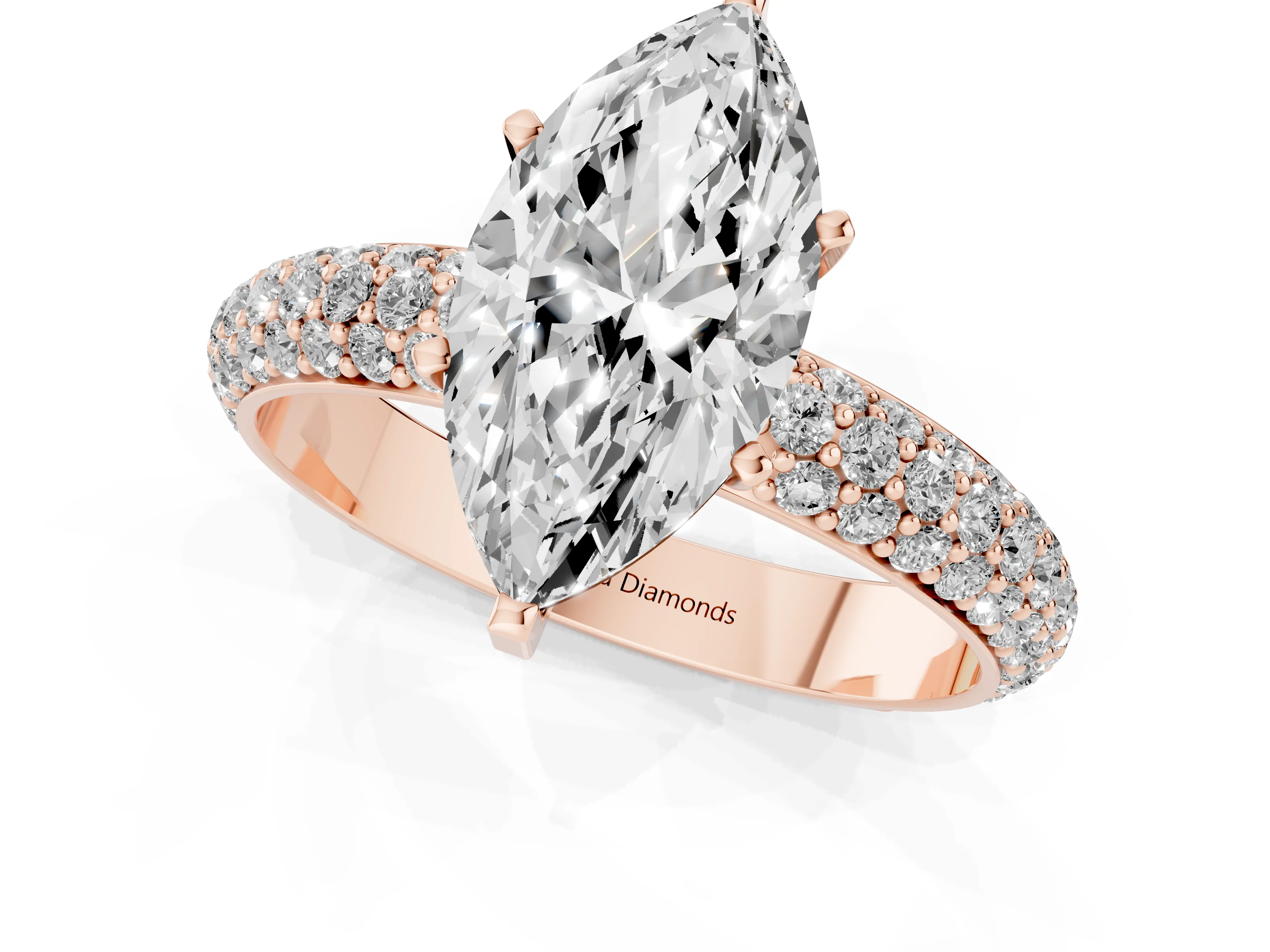 Marquise Cut Diamond Solitaire Ring Set in Rose gold with Prong Setting and Pavé-Set Band