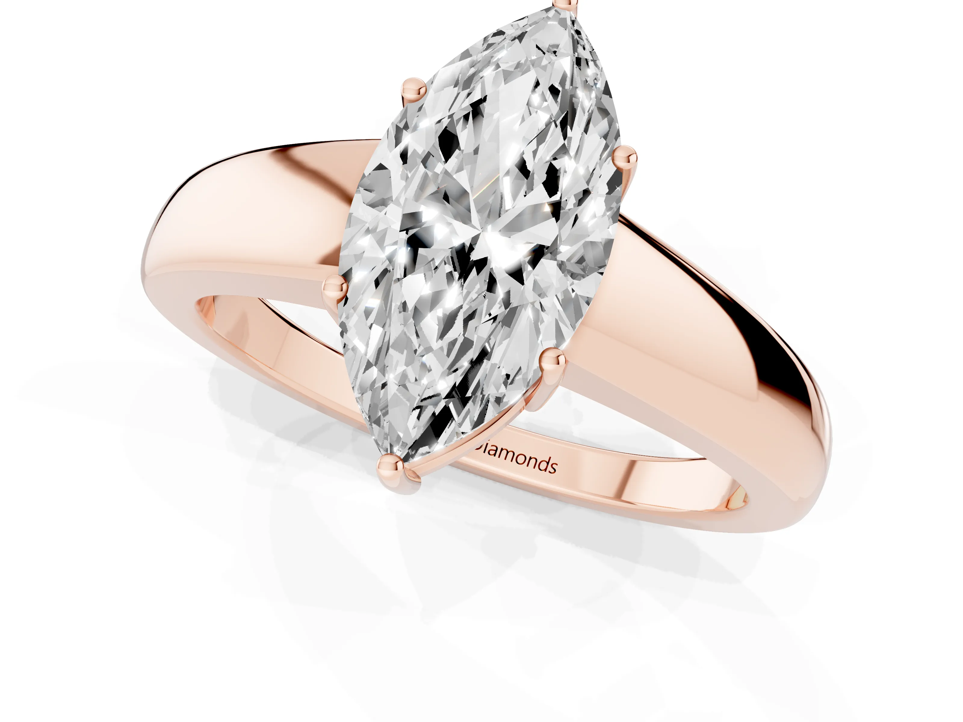Marquise Cut Diamond Solitaire Ring Set in Rose gold with Tapered Band and Prong Setting