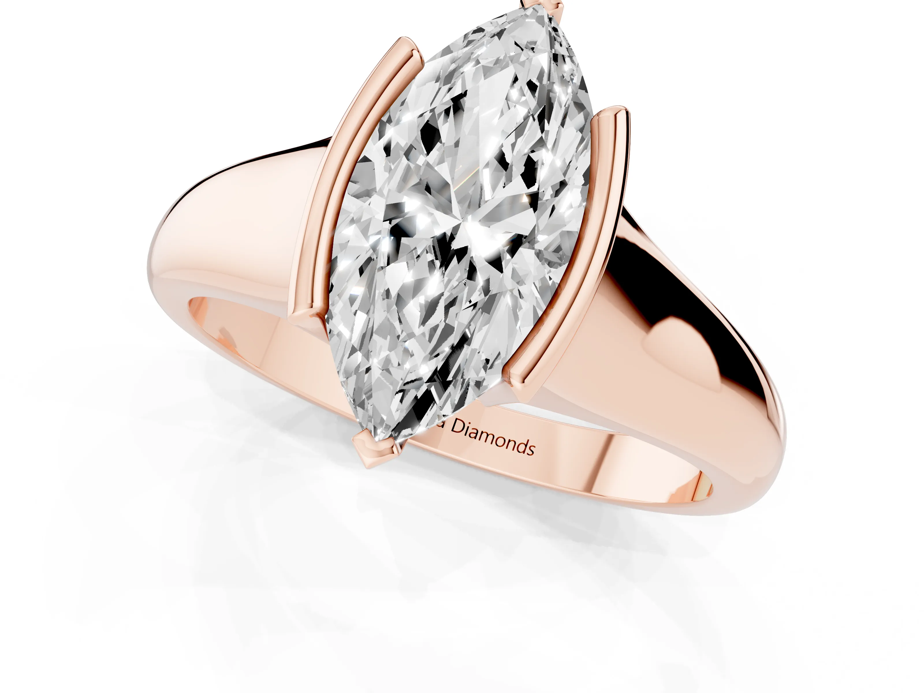Marquise Cut Diamond Solitaire Tension Set Ring Set in Rose gold with Split Shank Band