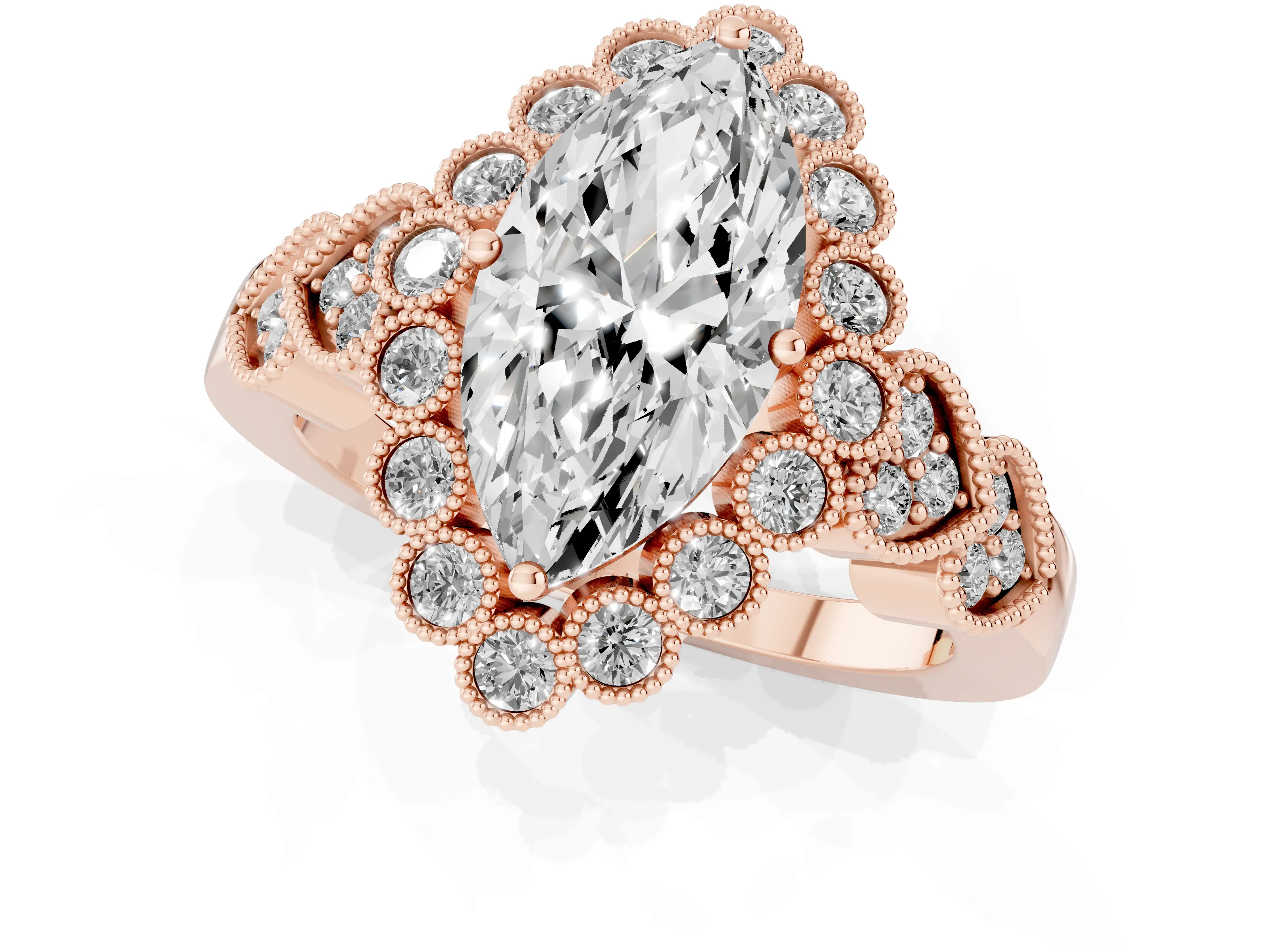 Marquise Cut Diamond Solitaire Ring Set in Rose gold with Milgrain Pavé Heart Band