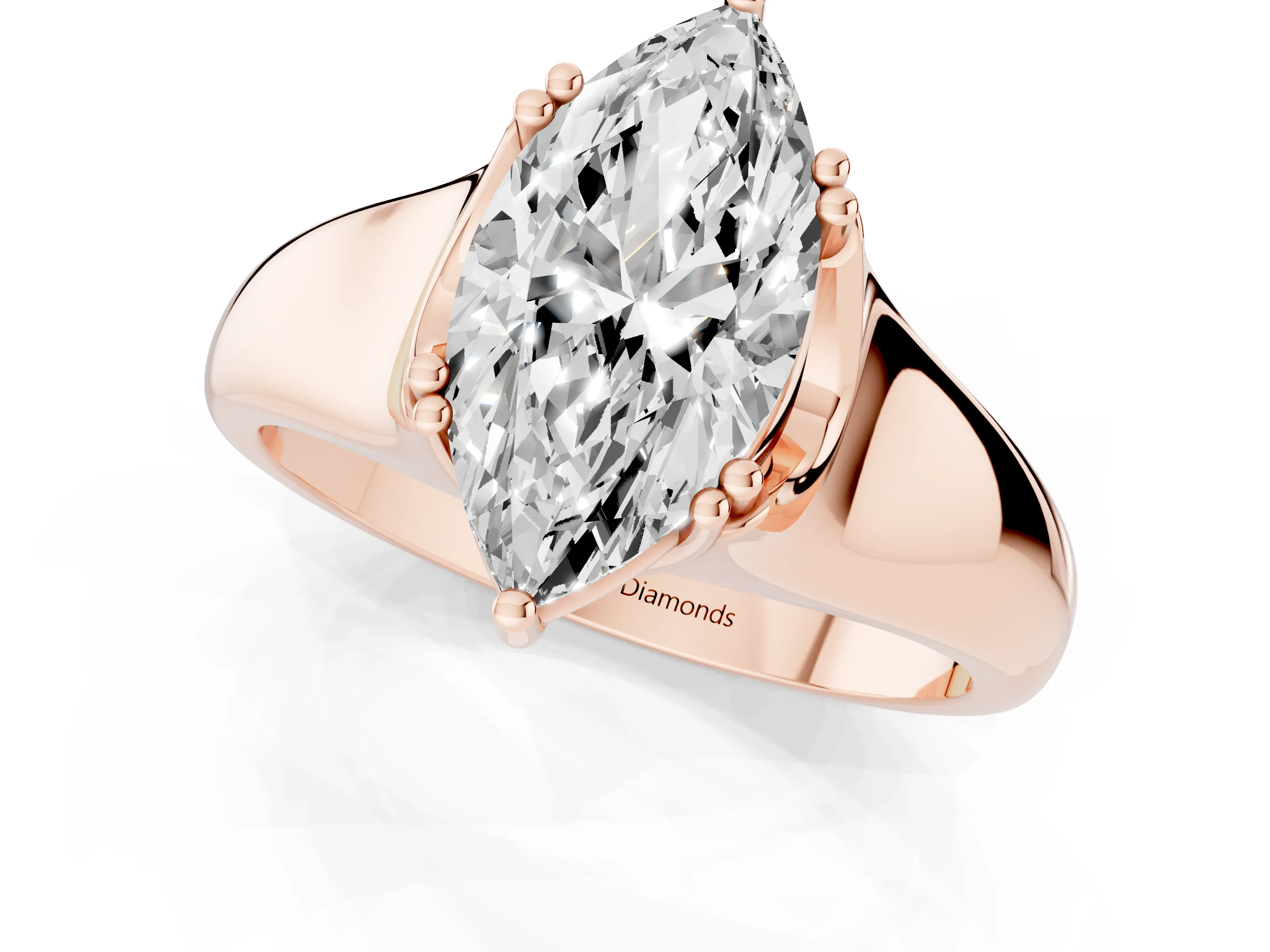 Marquise Cut Diamond Solitaire Ring Set in Rose gold with Wide Band and Prong Setting