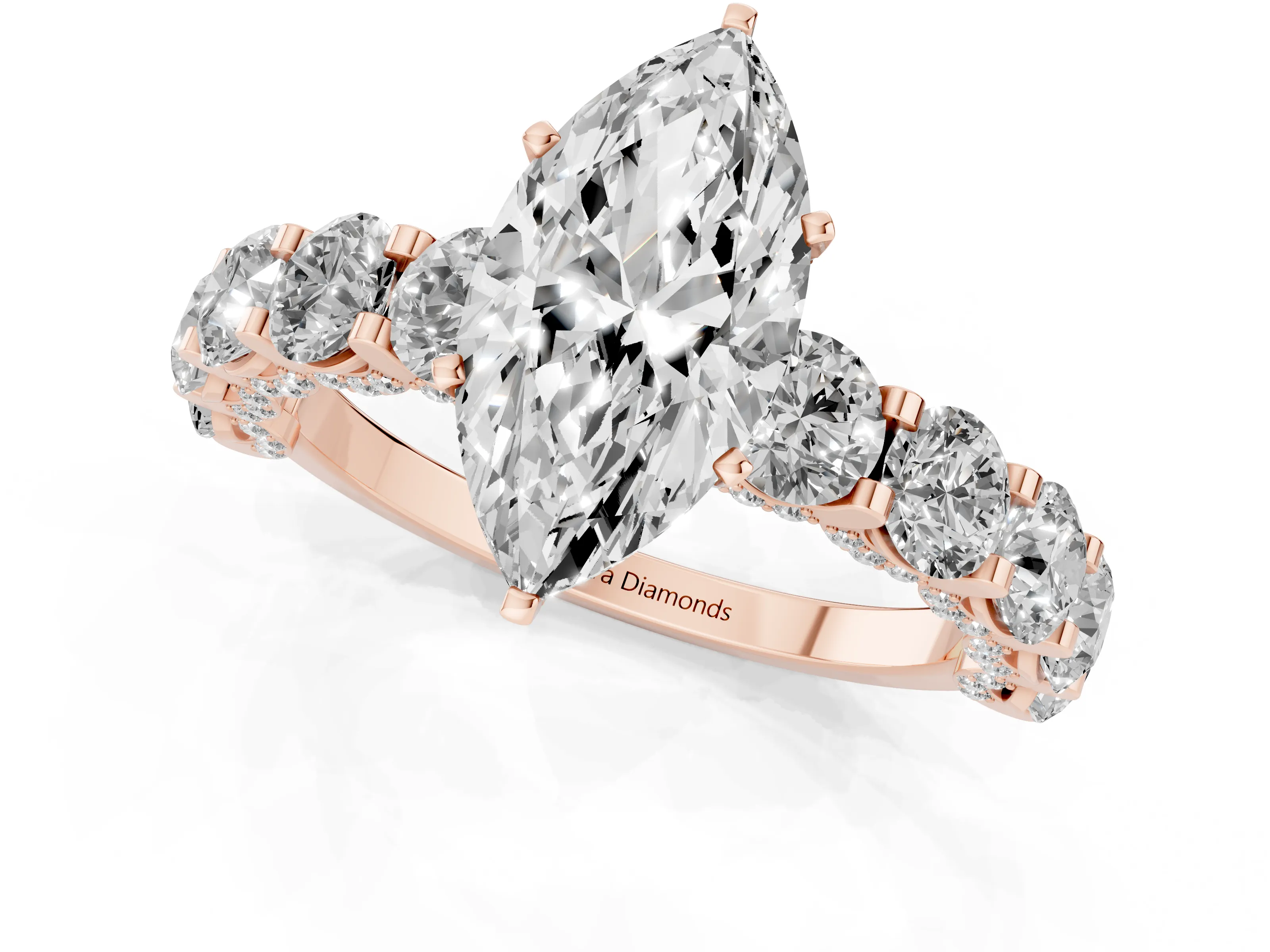 Marquise Cut Diamond Side Stone Ring Set in Rose gold with Alternating Round and Oval Side Stones