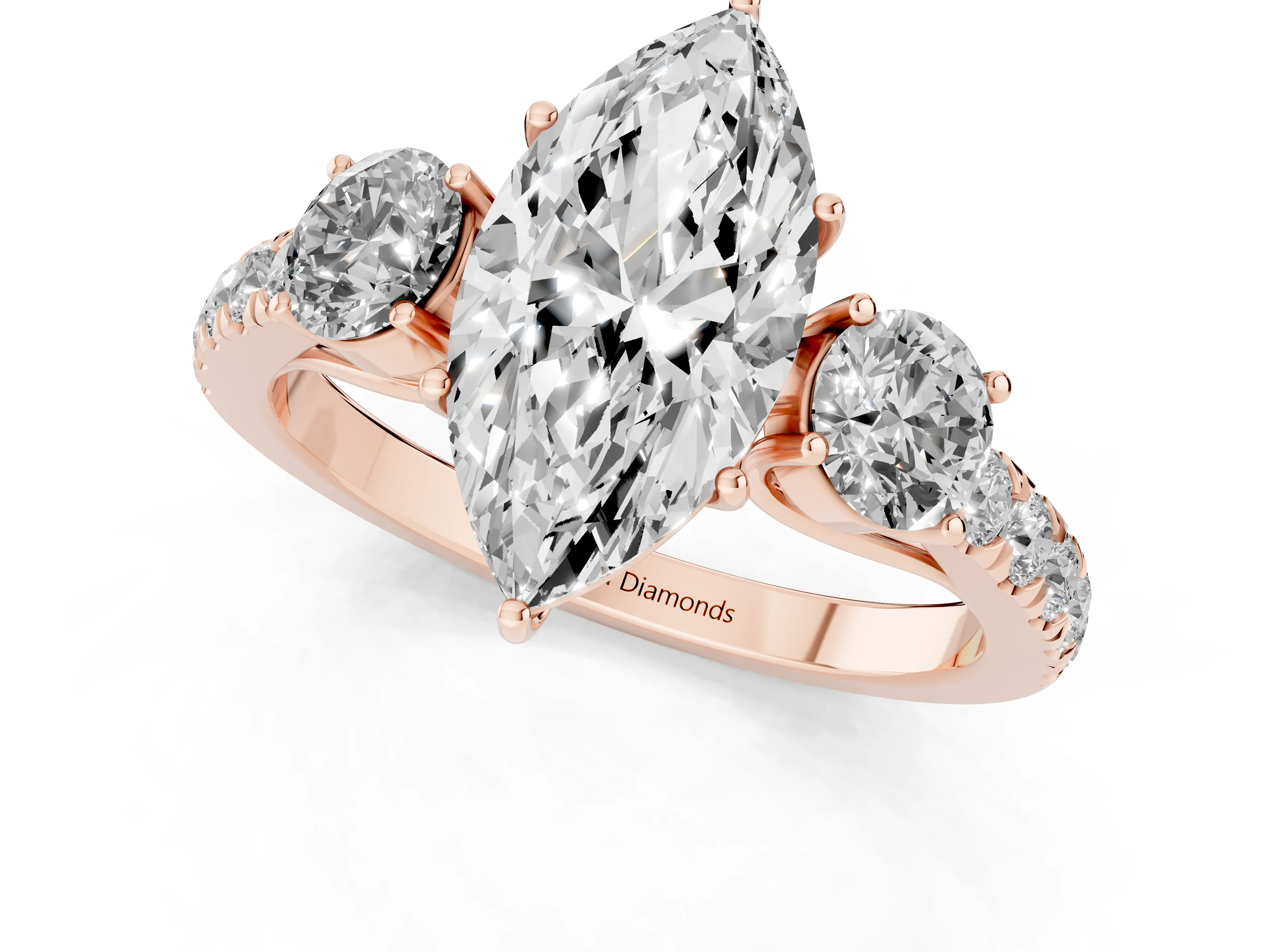 Marquise Cut Diamond Three-Stone Ring Set in Rose gold with Round Side Stones and Delicate Pavé Band