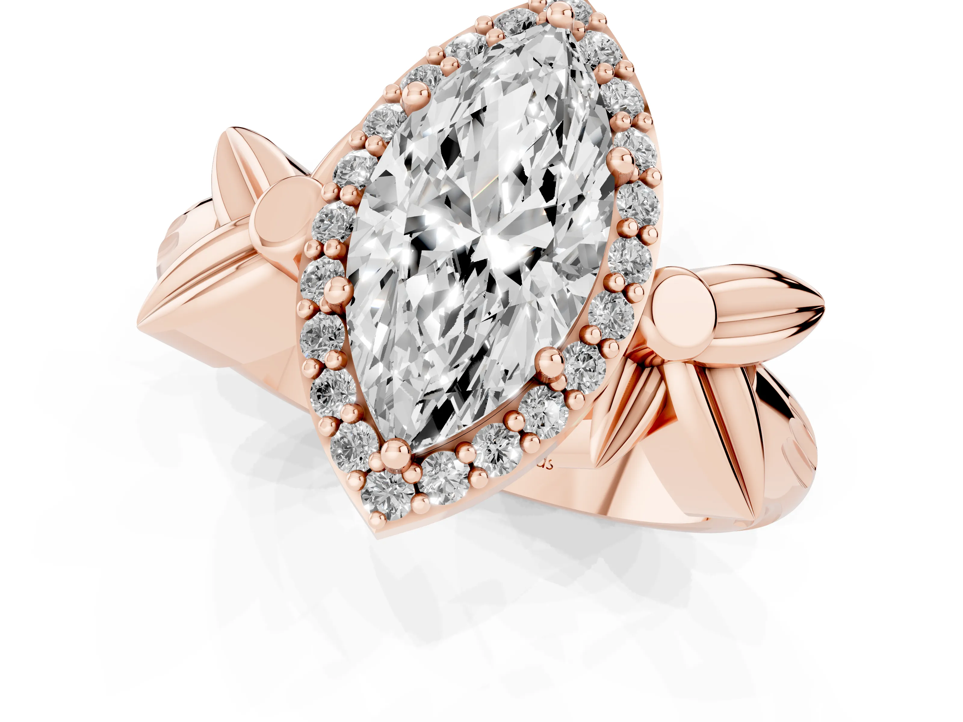 Marquise Cut Diamond Halo Floral Band Ring Set in Rose gold with Prong Setting – second view