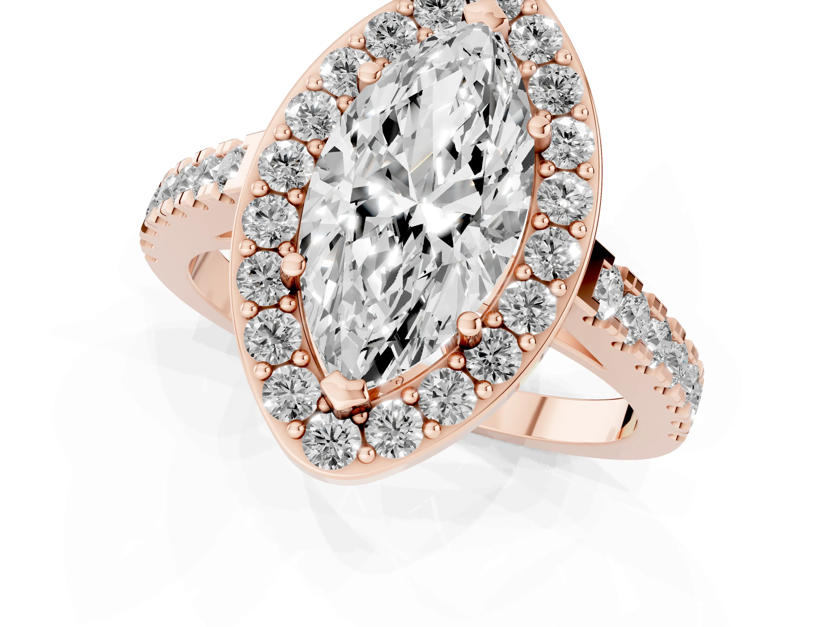 Marquise Cut Diamond Halo Ring Set in Rose gold with Round Pavé Split Shank and Prong Setting