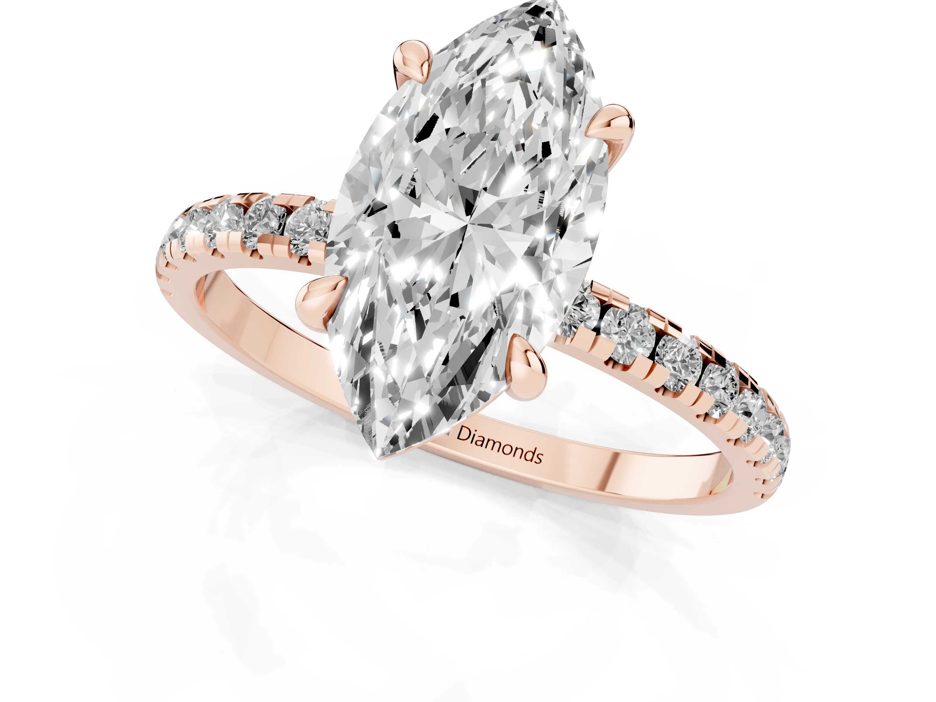 Marquise Cut Diamond Brilliant Solitaire Ring Set in Rose gold with Pavé Band and Prong Setting