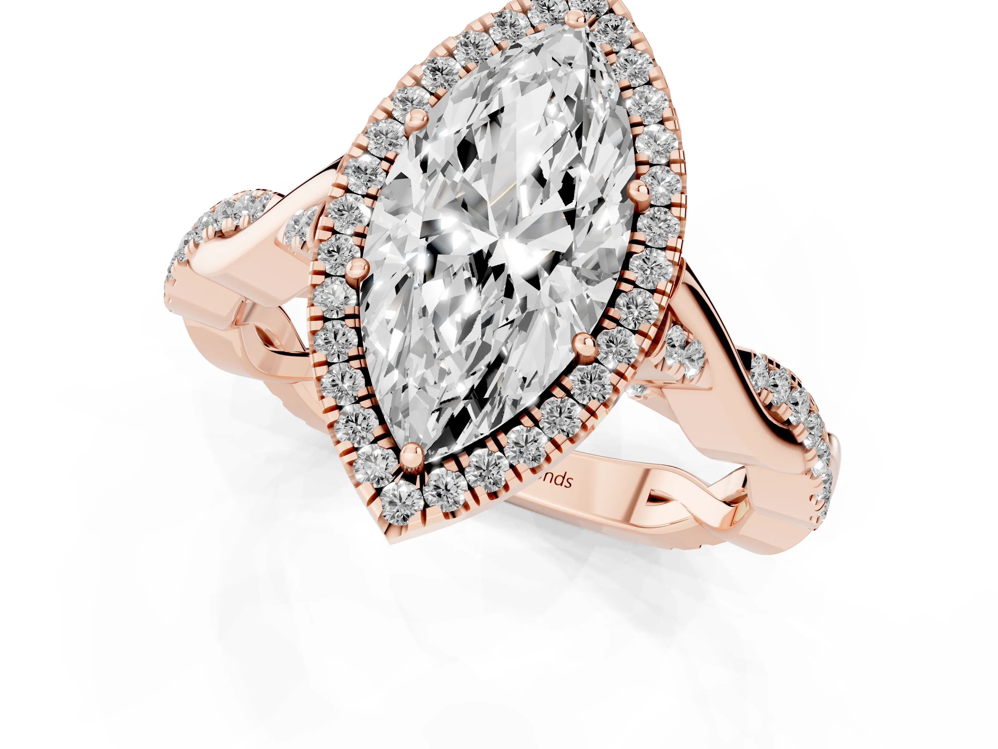Marquise Cut Diamond Halo Twist Band Solitaire Ring Set in Rose gold with Prong Setting