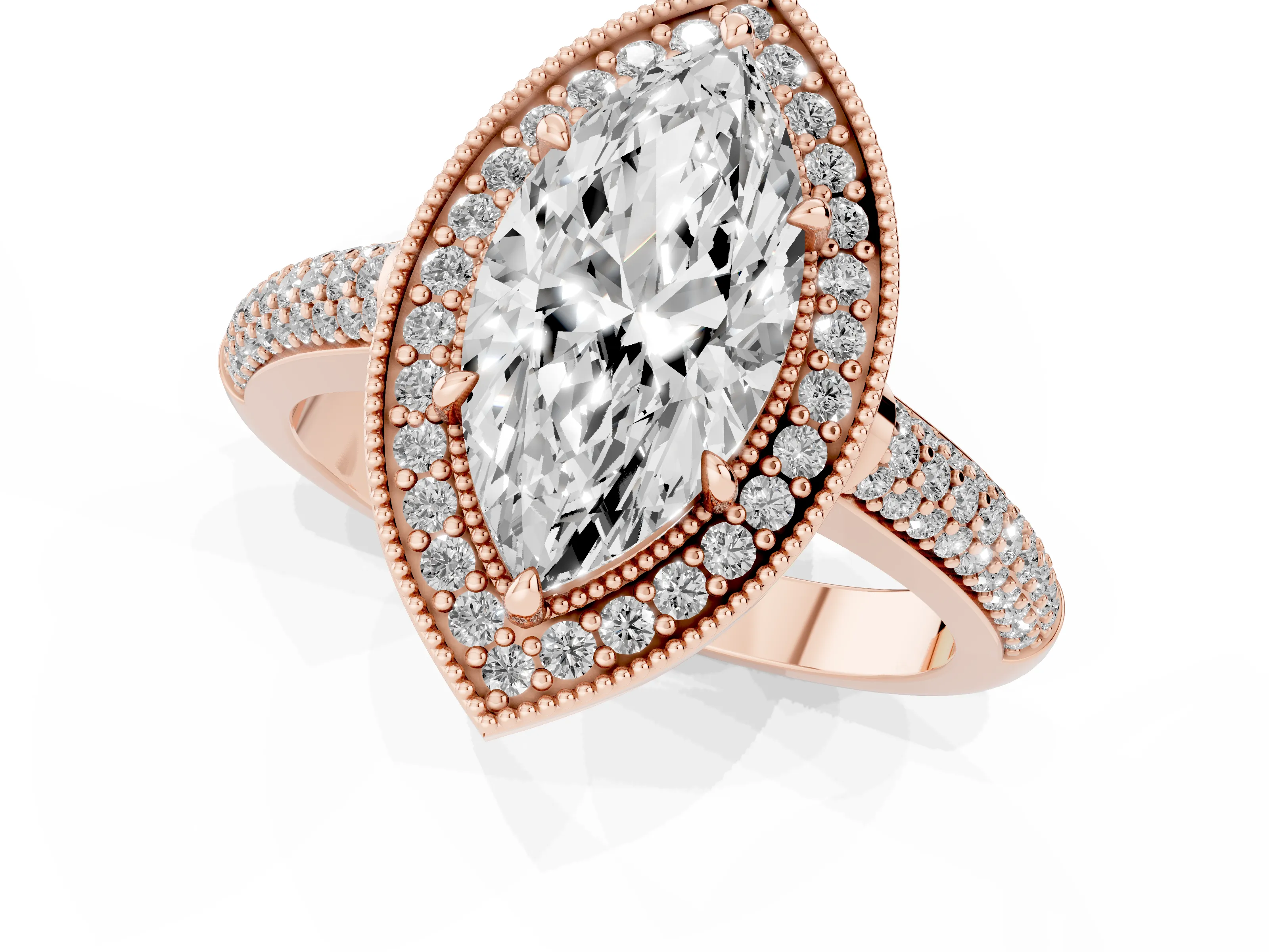 Marquise Cut Diamond Halo Pavé Band Set in Rose gold with Prong Setting