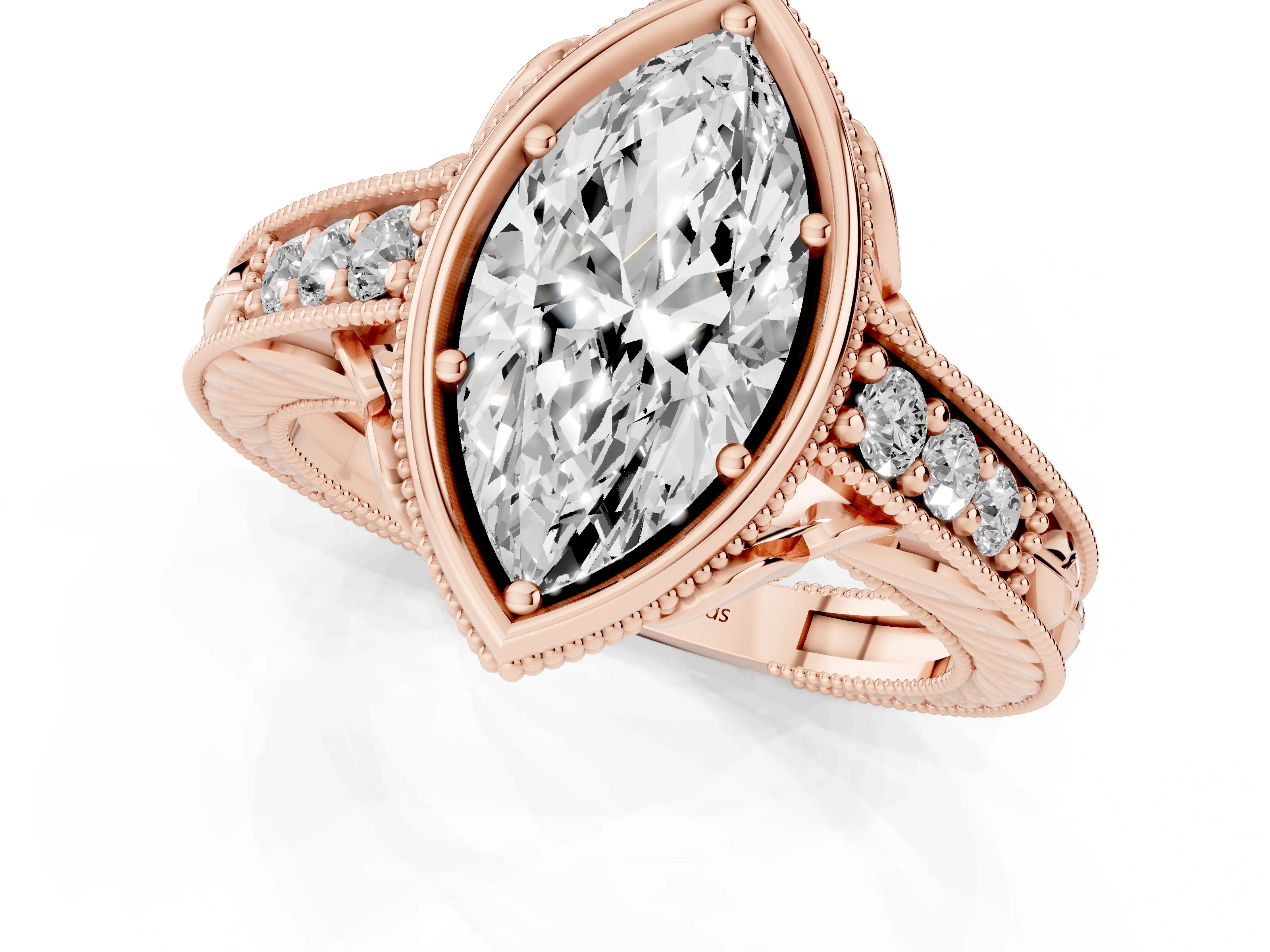 Bezel Set Marquise Cut Diamond Milgrain Pavé Engagement Ring Set in Rose gold