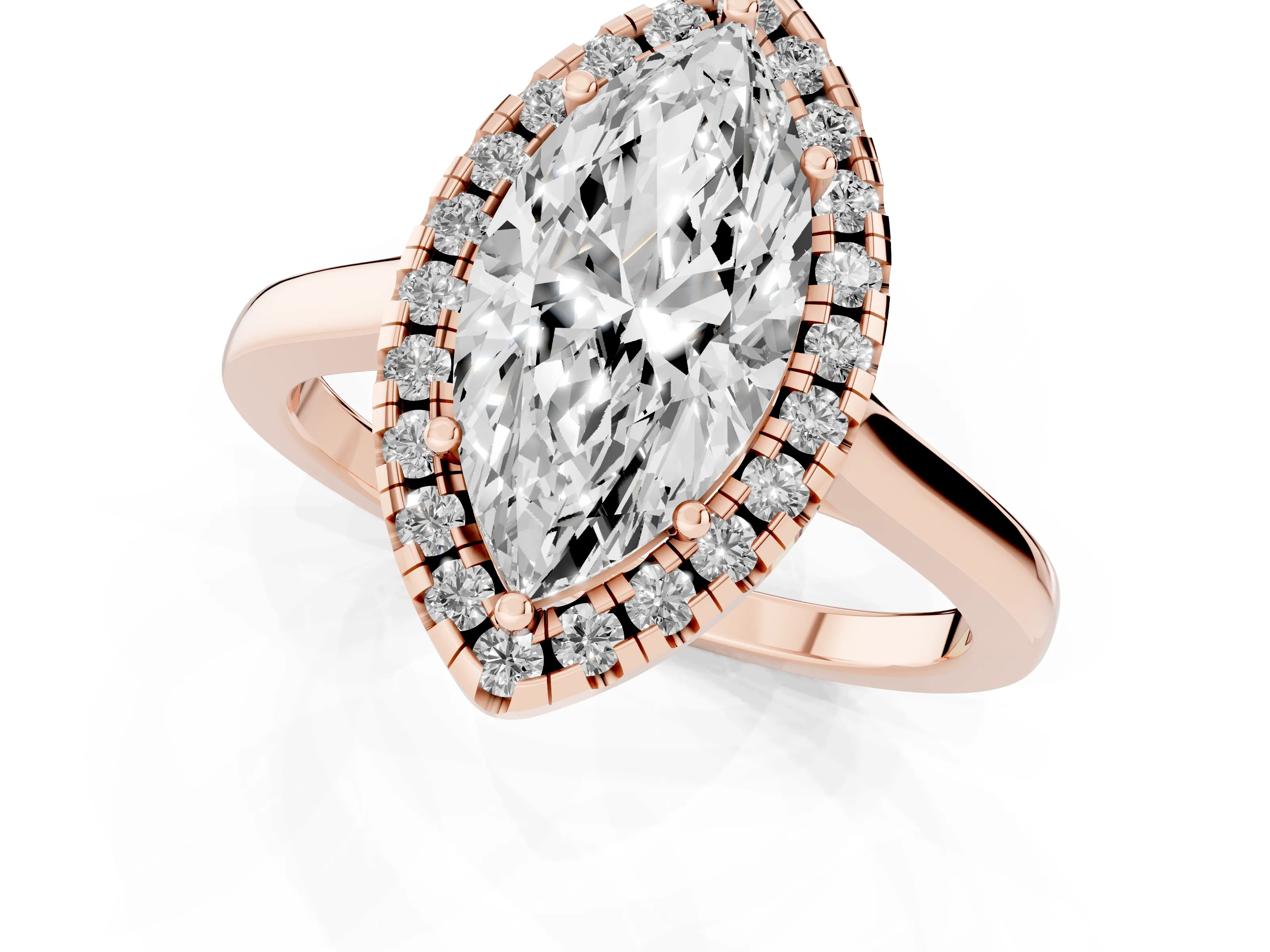 Marquise Cut Halo Round Diamond Solitaire Ring Set in Rose gold with Pavé Band and Prong Setting
