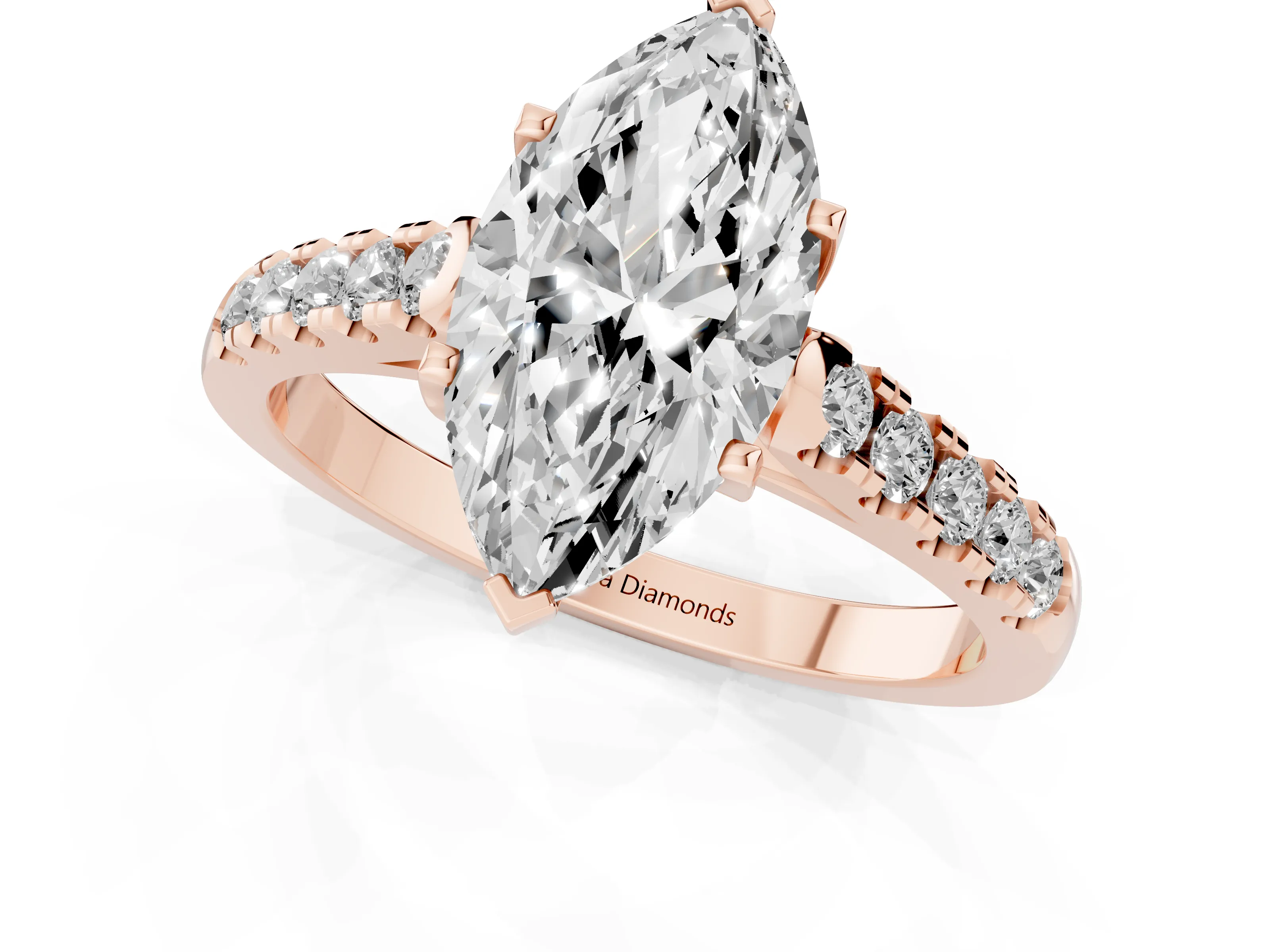 Marquise Cut Diamond Pavé Band Solitaire Ring Set in Rose gold with Partway Accent Stones and Prong Setting