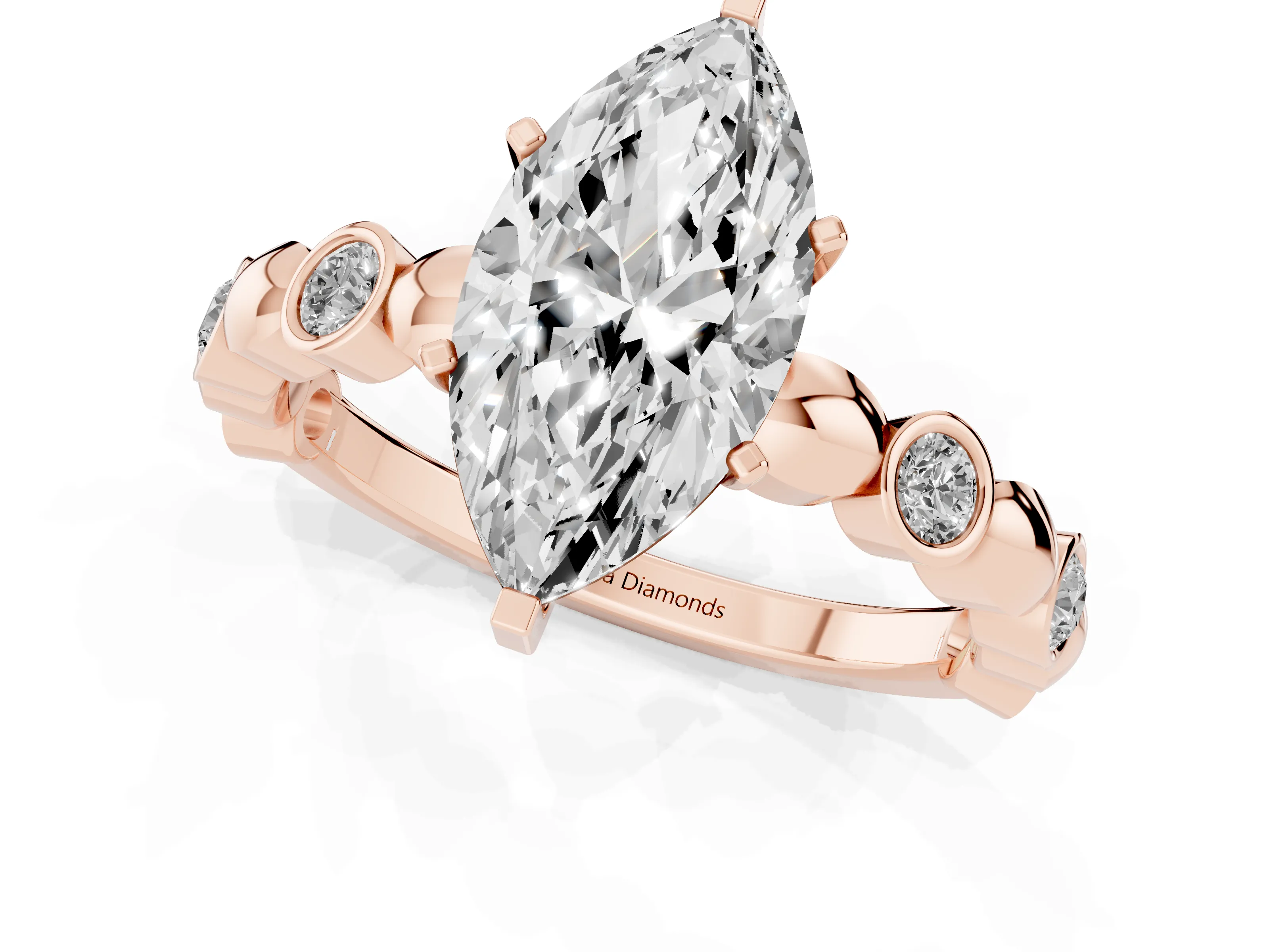 Marquise Cut Diamond Solitaire Ring Set in Rose gold with Bezel-Set Accents on Beaded Band and Prong Setting