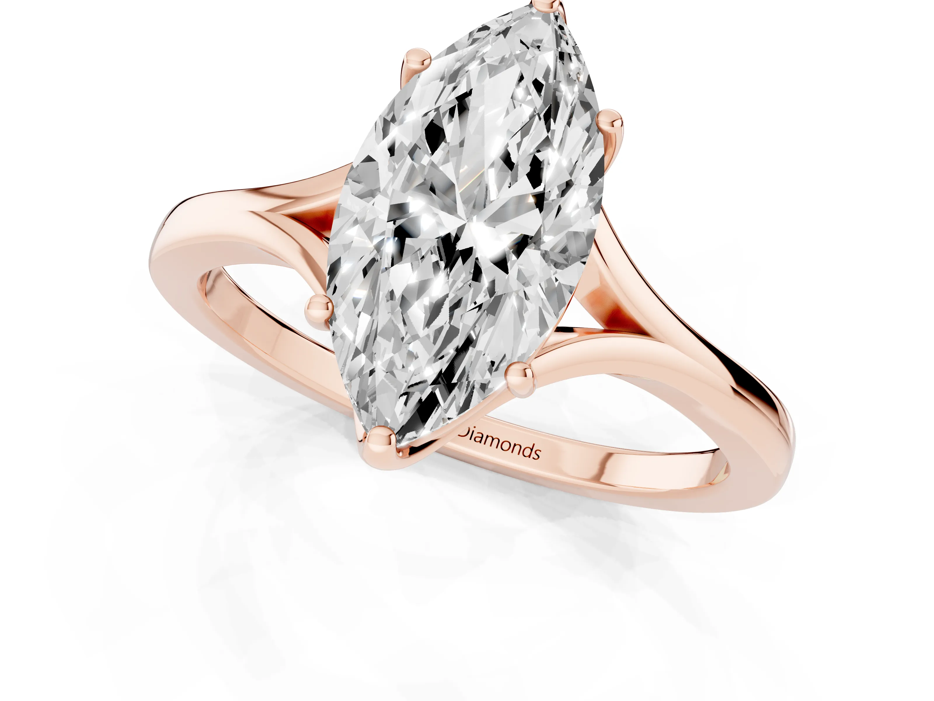 Marquise Cut Diamond Solitaire Ring Set in Rose gold with Polished Tapered Band and Prong Setting