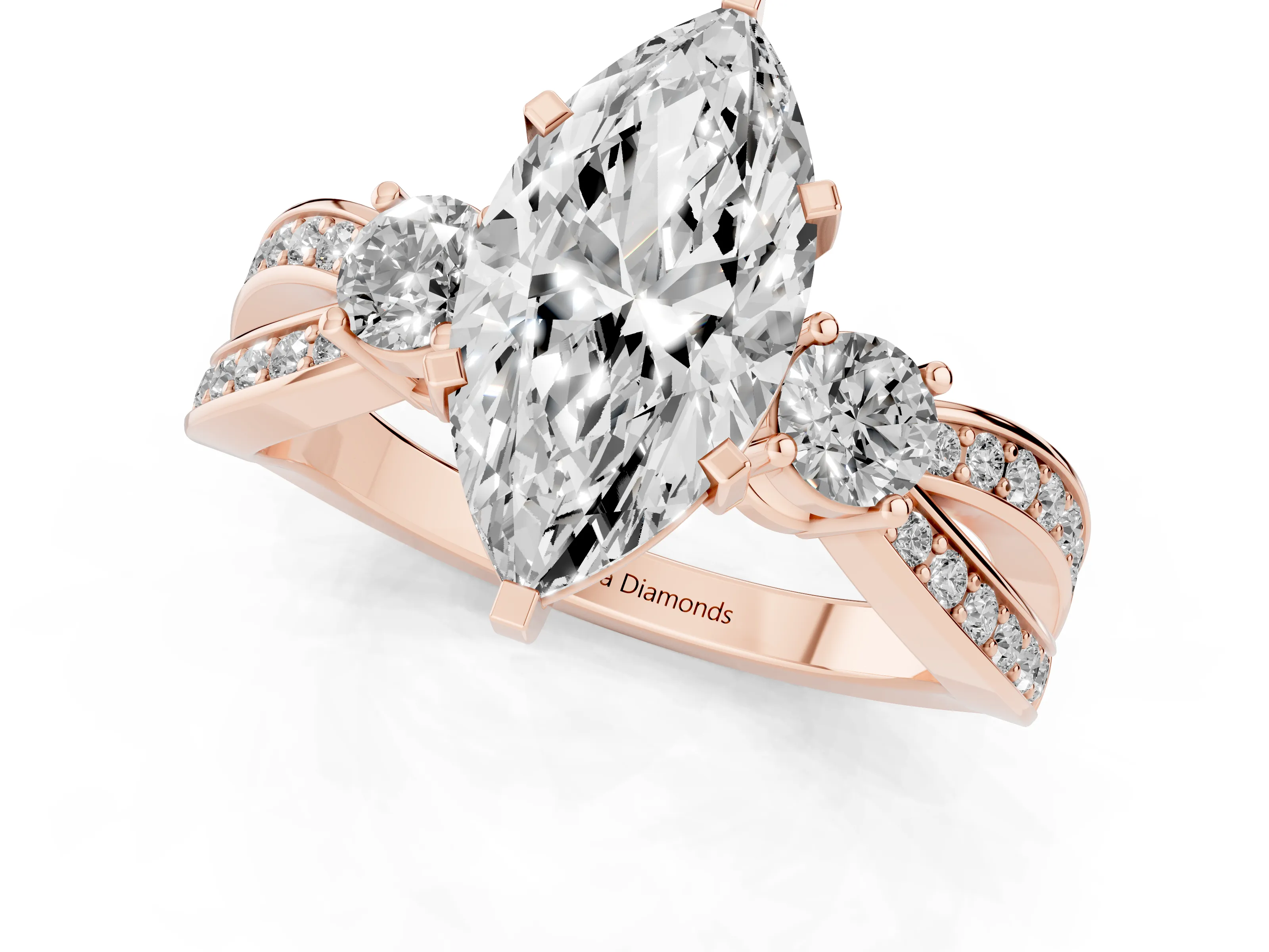Three-Stone Marquise Cut Diamond Twist Band Ring Set in Rose gold with Pavé Accents and Prong Setting