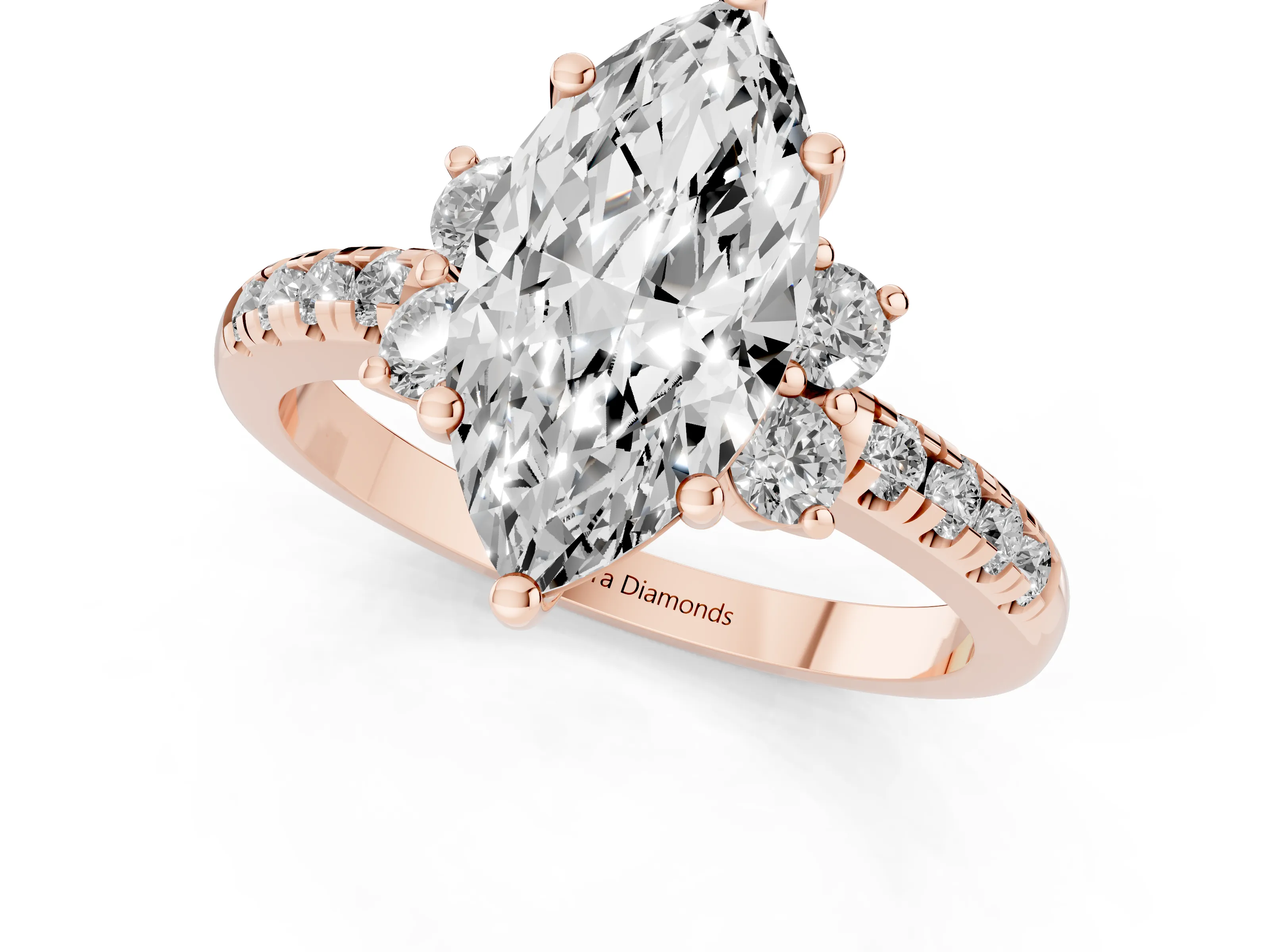 Marquise Cut Diamond Three-Stone Pavé Ring Set in Rose gold with Prong Setting