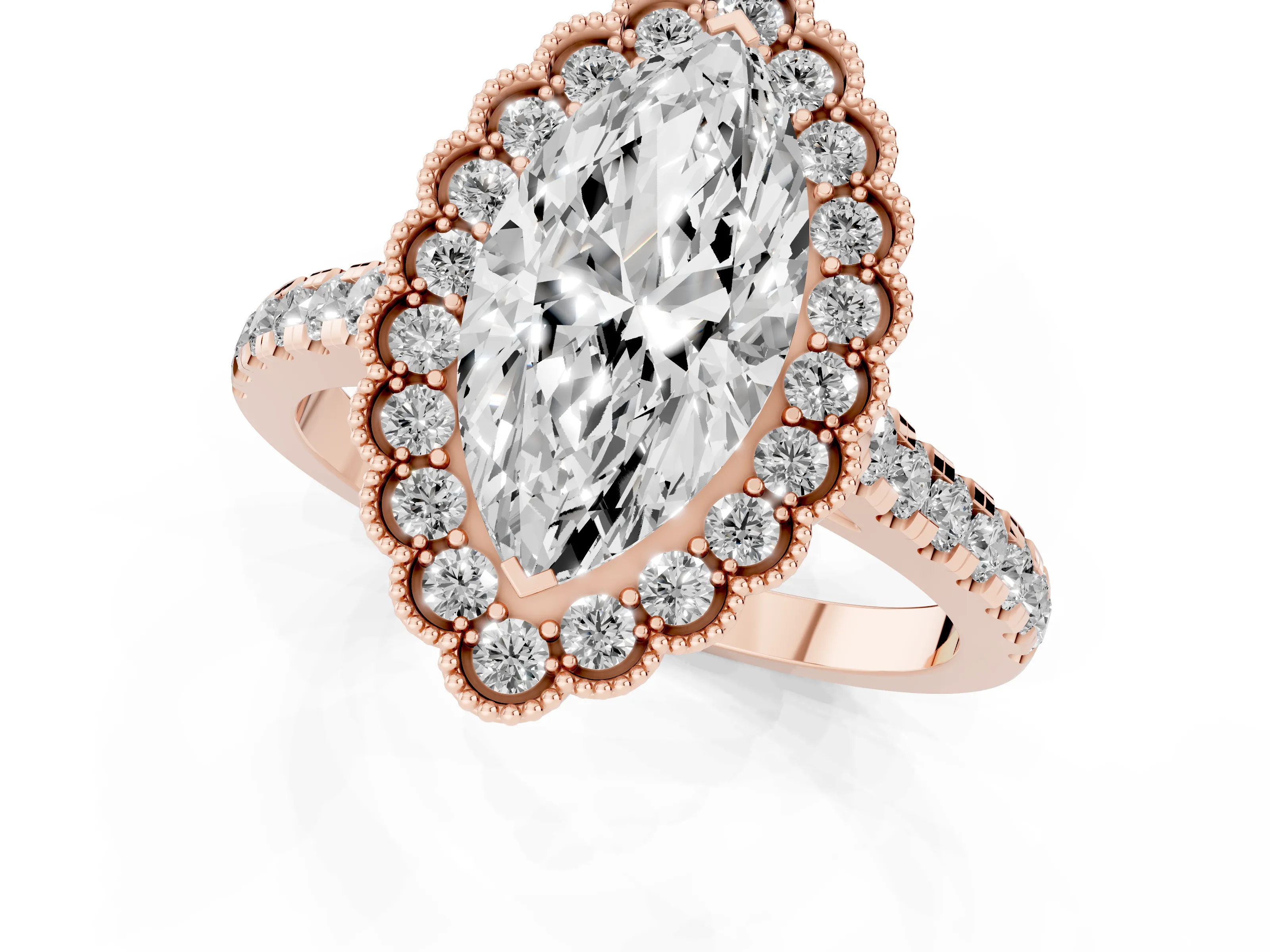 Marquise Cut Diamond Milgrain Floral Halo Engagement Ring Set in Rose gold with Pavé Band