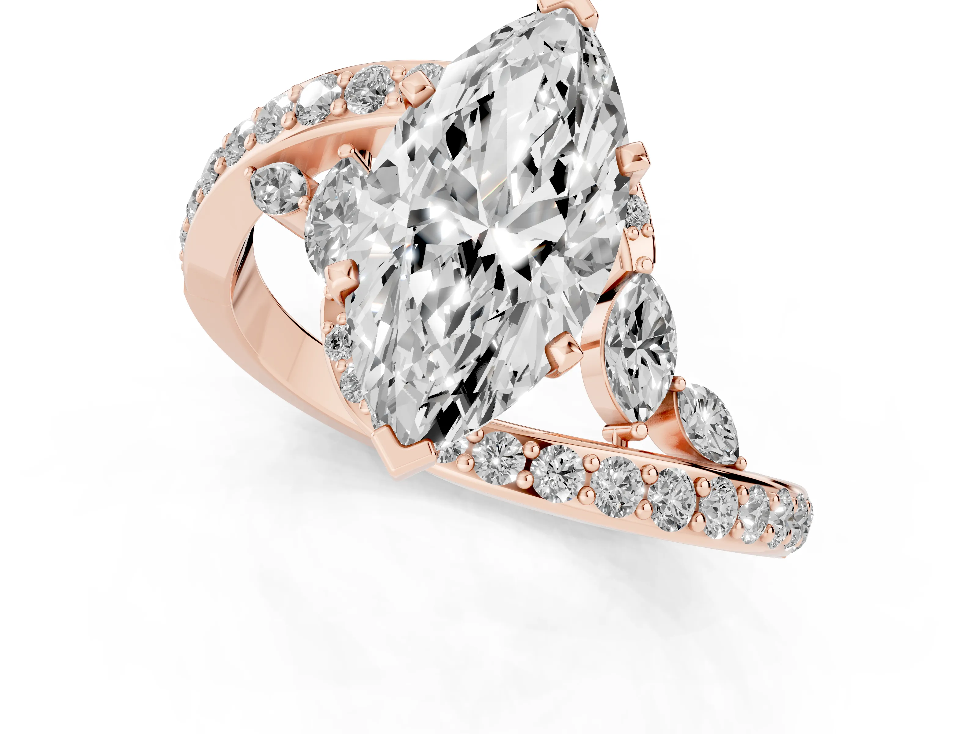 Marquise Cut Diamond Solitaire Ring Set in Rose gold with Pavé Twist Band and Secure Prong Setting
