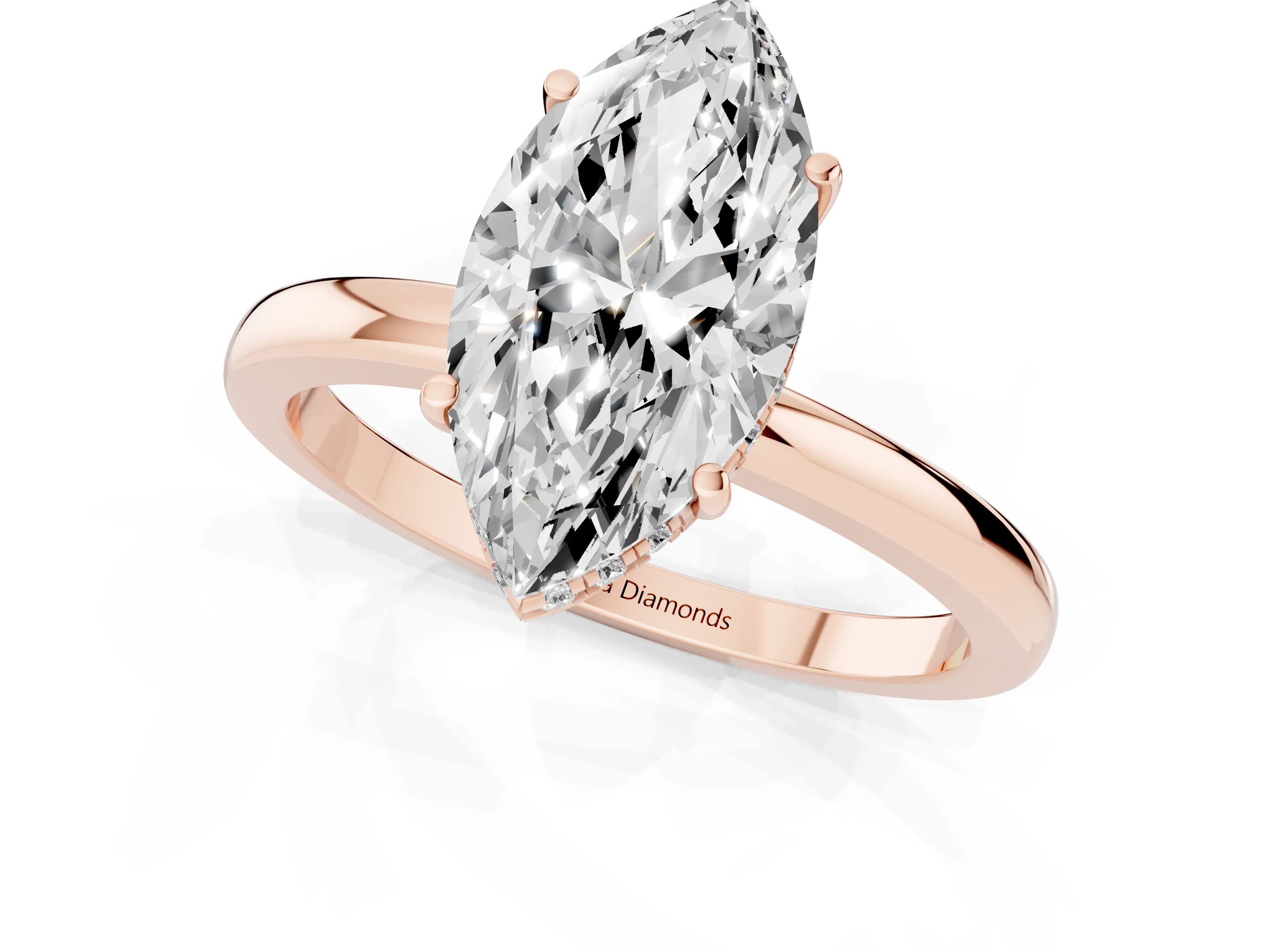 Marquise Cut Diamond Solitaire Ring Set in Rose gold with Plain Band and Prong Setting