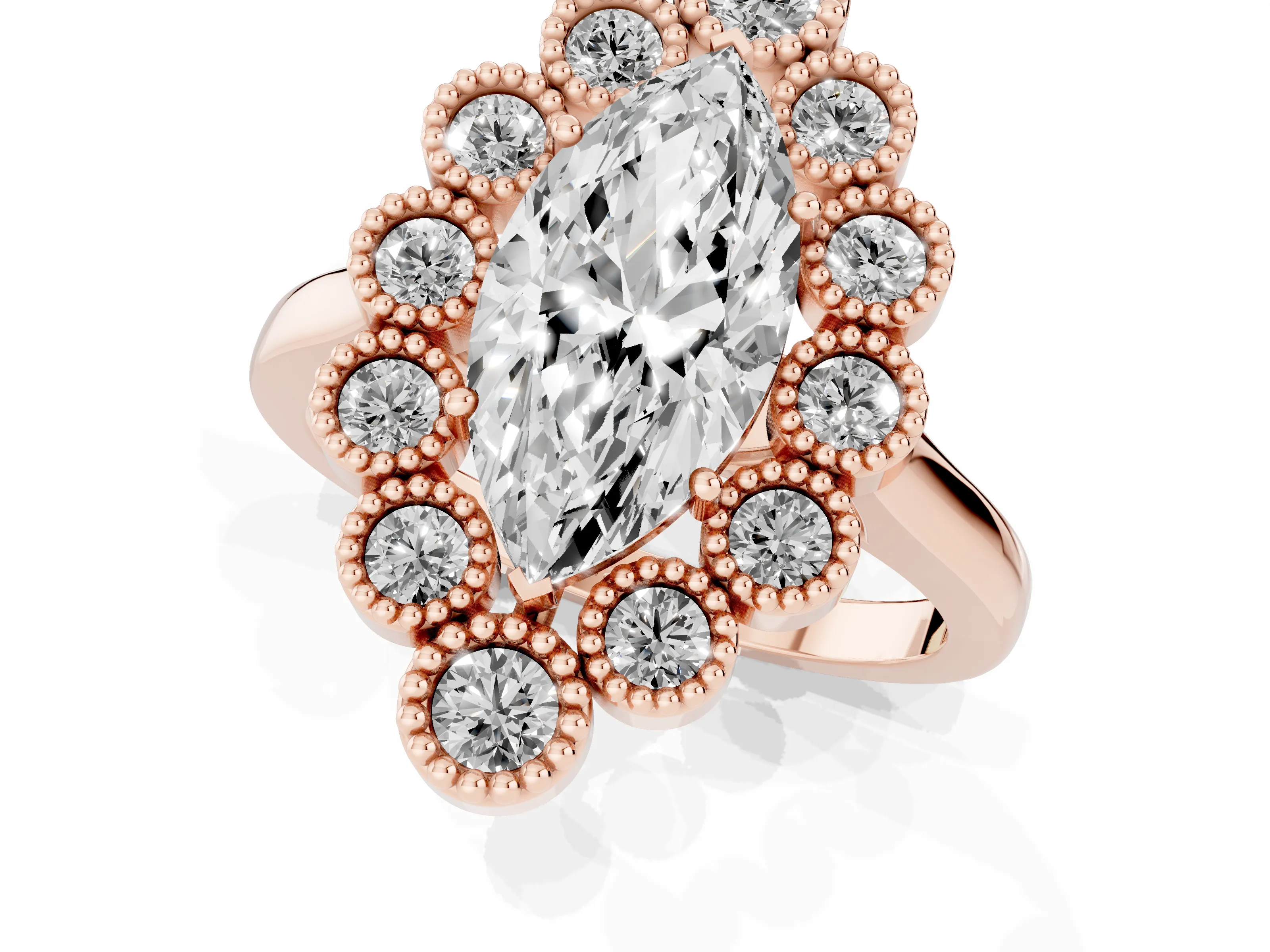 Marquise Cut Diamond Cluster Halo Ring Set in Rose gold with Milgrain Bezel Accents and Plain Band