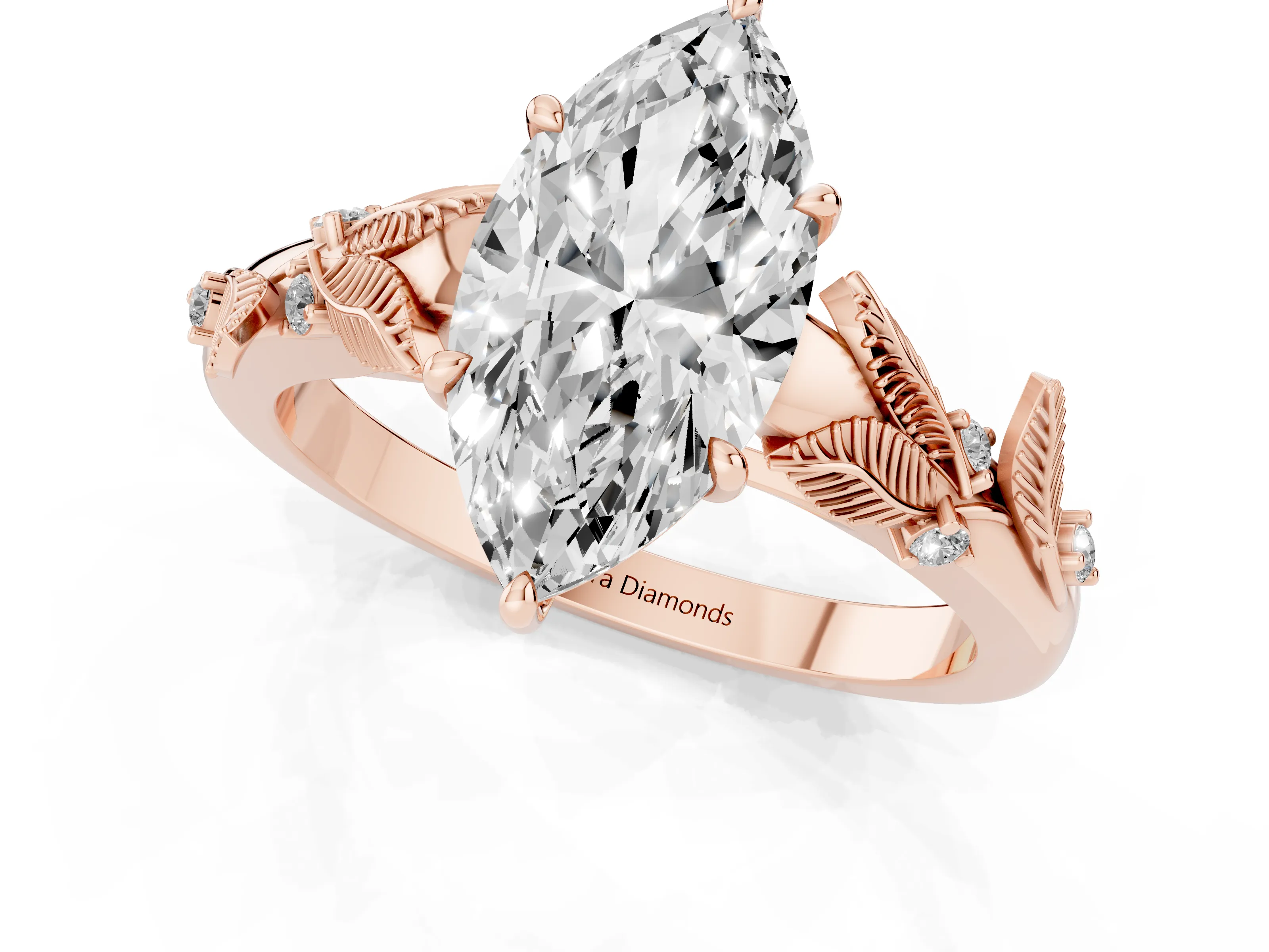 Marquise Cut Diamond Solitaire Ring Set in Rose gold with Leaf Motif Band