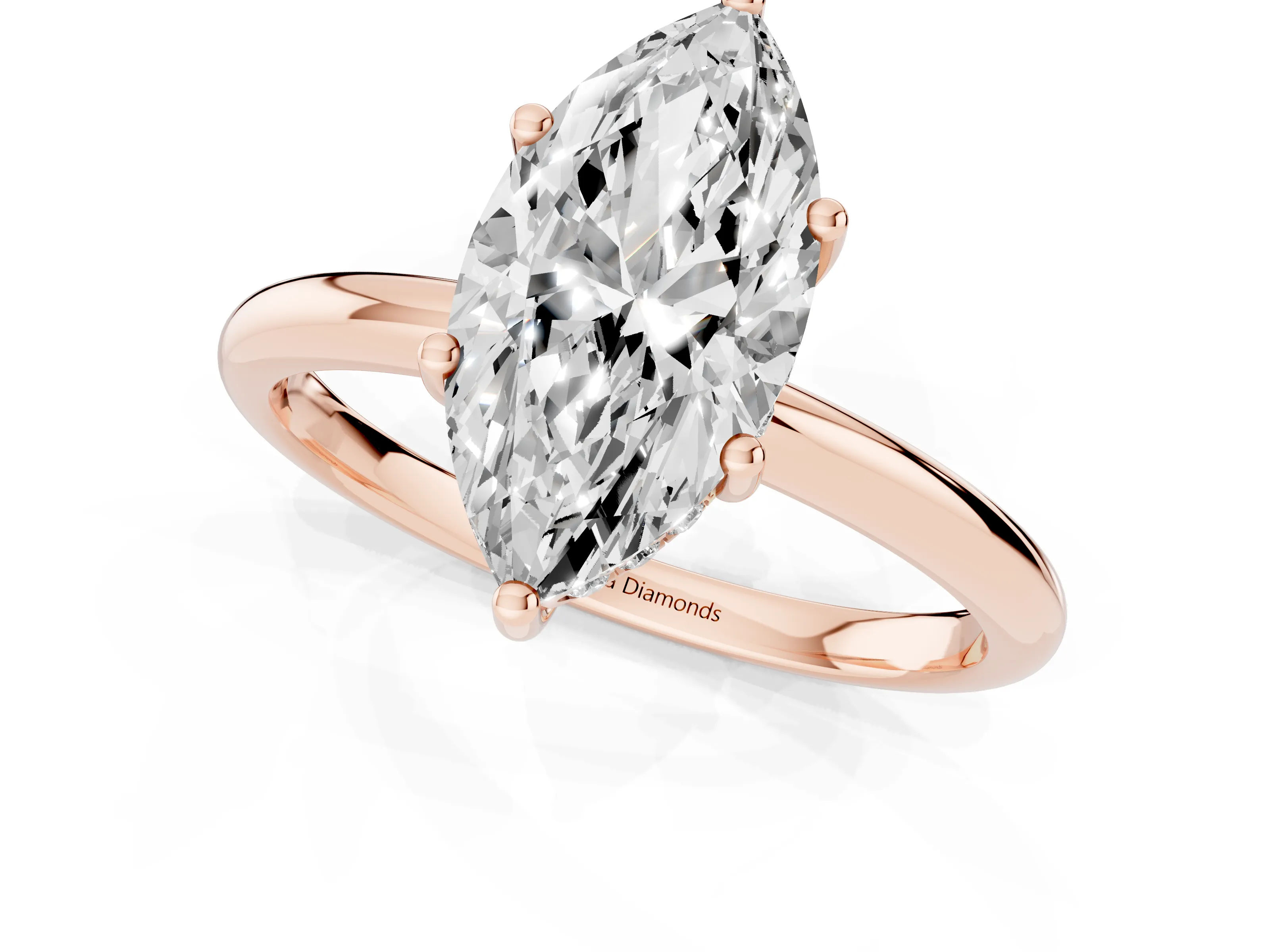 Marquise Cut Diamond Solitaire Engagement Ring Set in Rose gold with Prong Setting and Polished Band