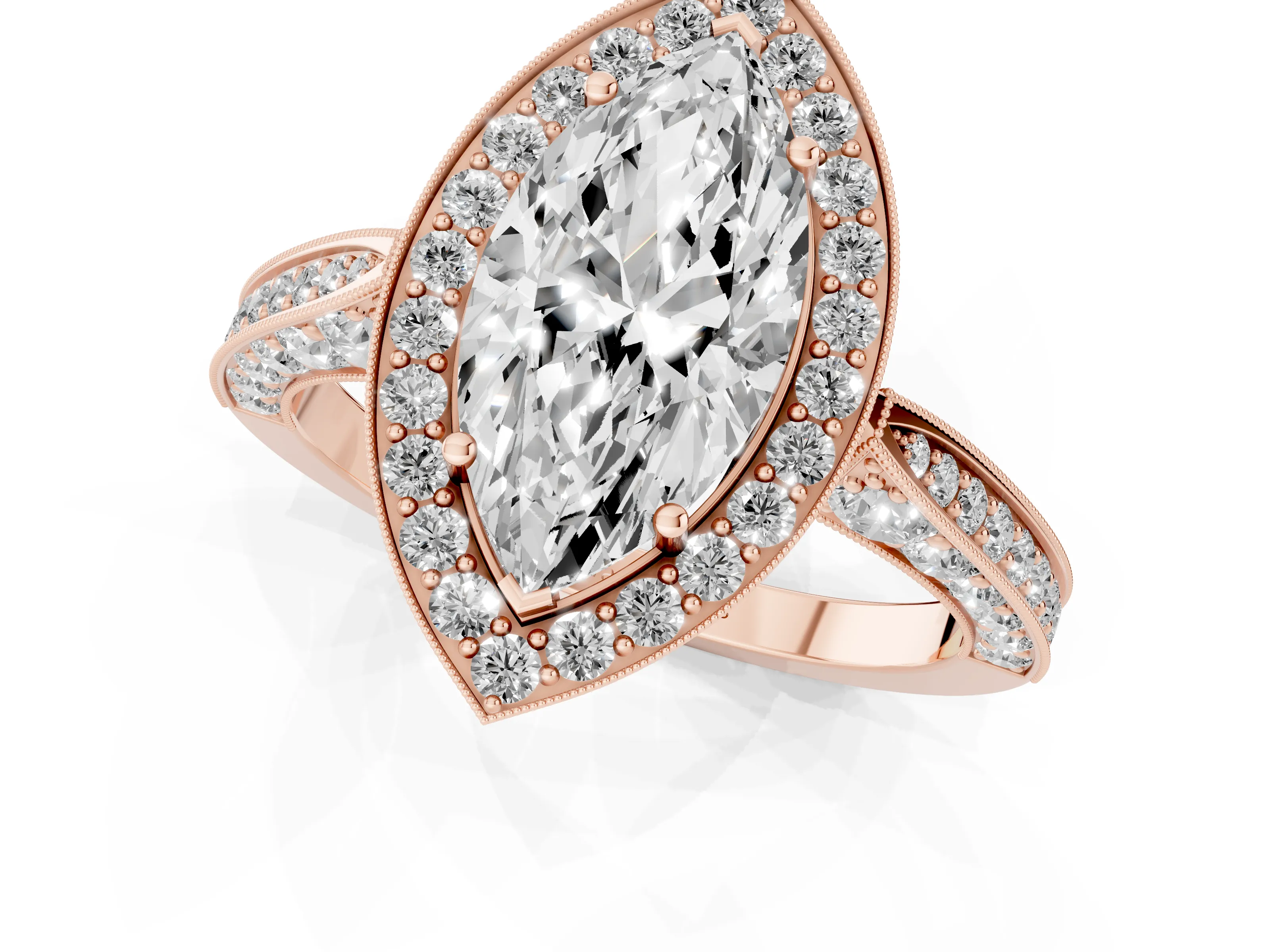 Marquise Cut Diamond Halo Engagement Ring Set in Rose gold with Accent Split Shank Band