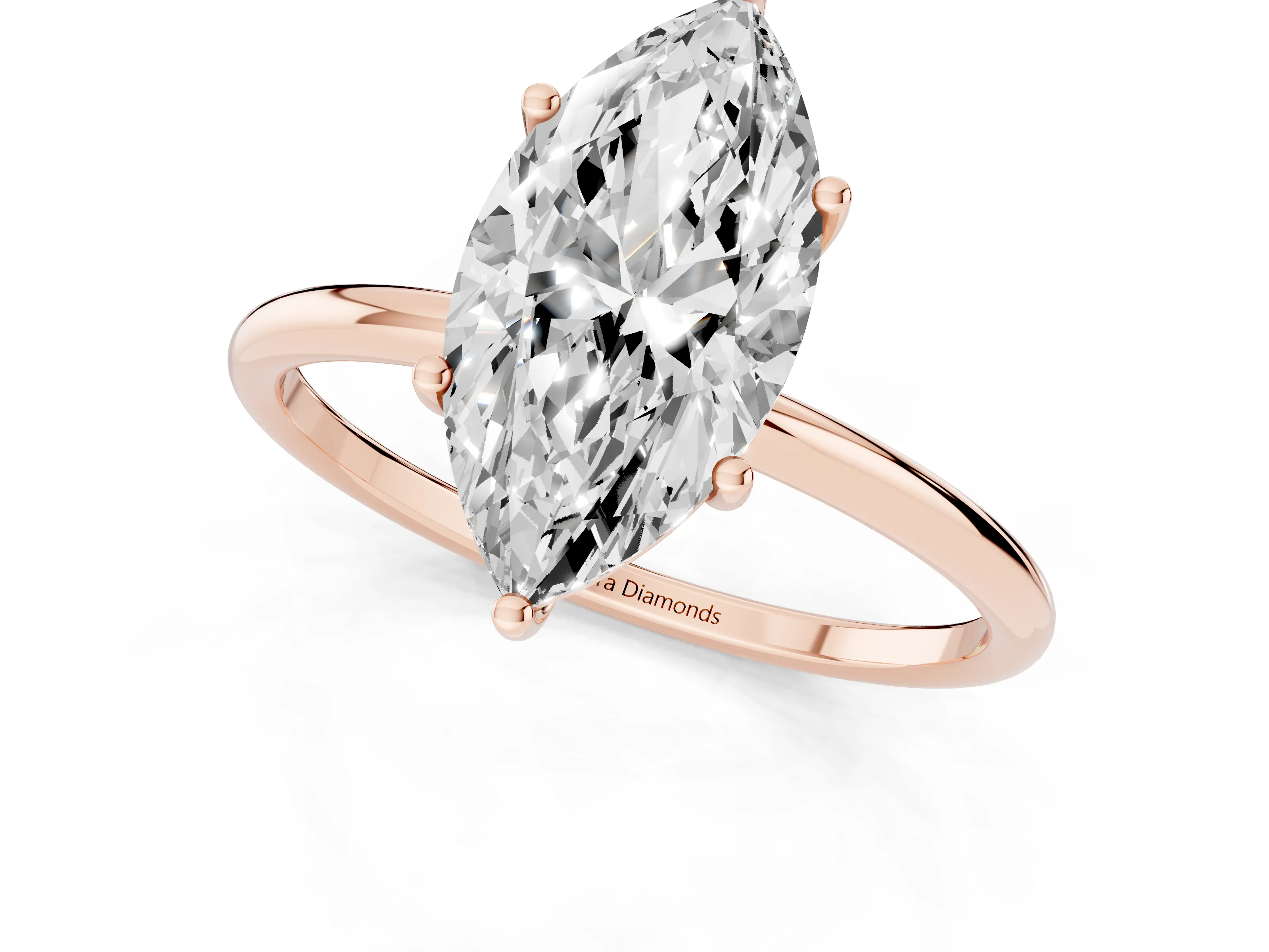 Marquise Cut Diamond Solitaire Engagement Ring Set in Rose gold with Thin Band and Prong Setting