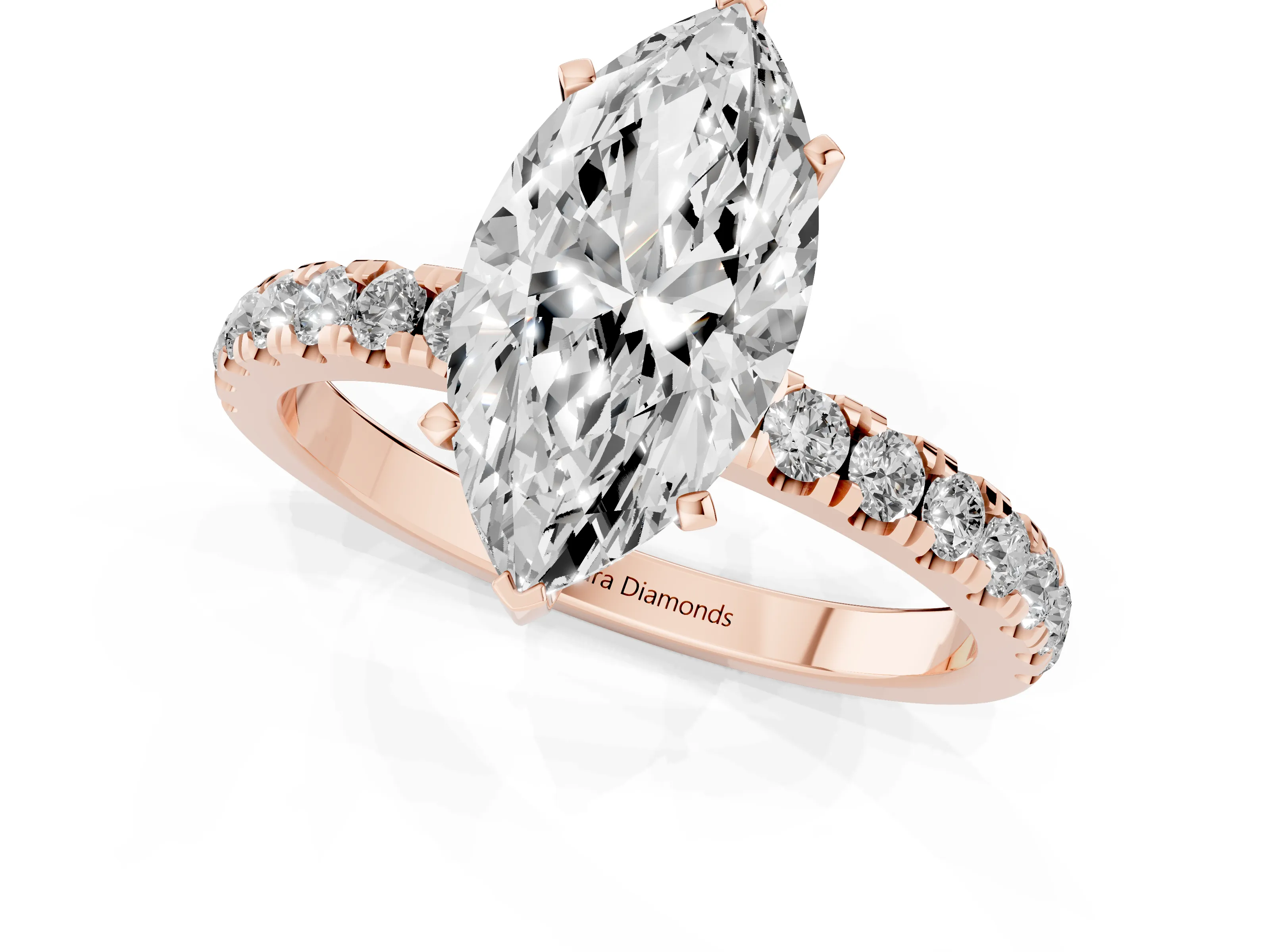 Marquise Cut Diamond Solitaire Ring Set in Rose gold with Pavé Accents and Prong Setting