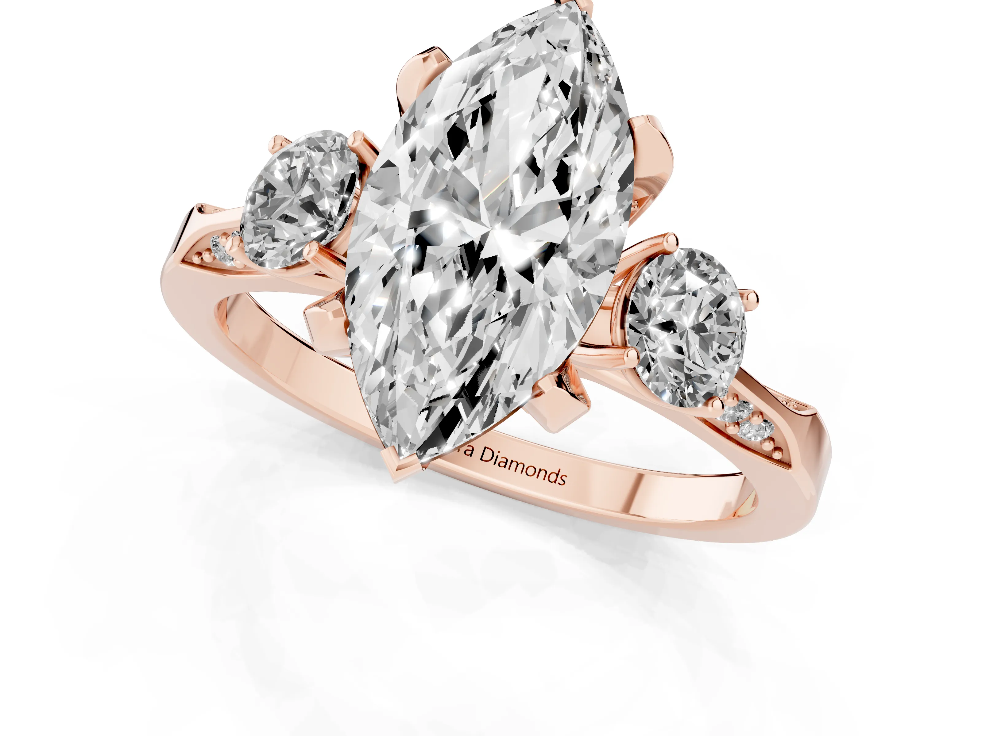 Marquise Cut Diamond Three-Stone Ring Set in Rose gold with Pavé Band and Smaller Side Stones