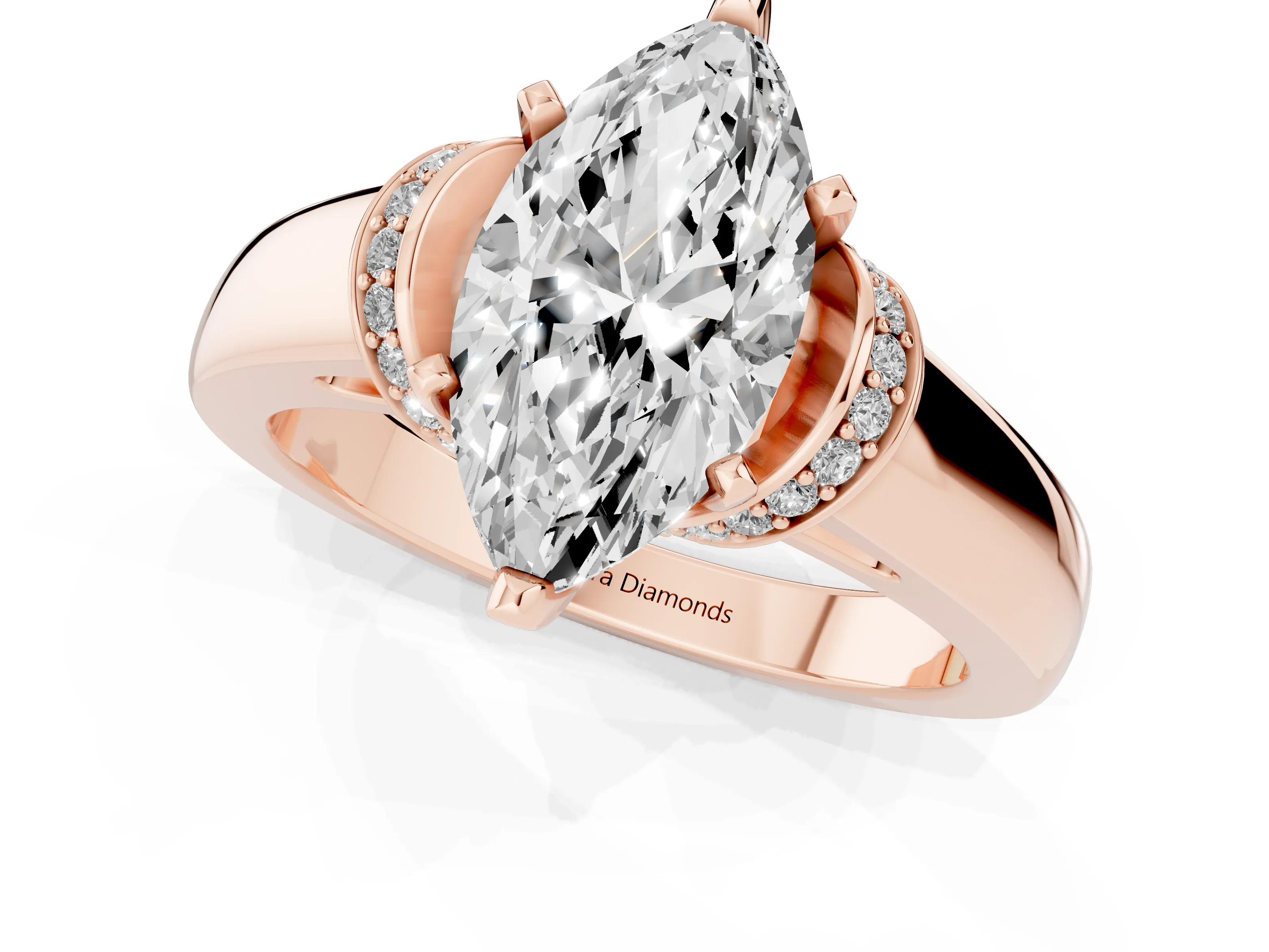 Marquise Cut Diamond Pavé Band Solitaire Ring Set in Rose gold with Prong Setting