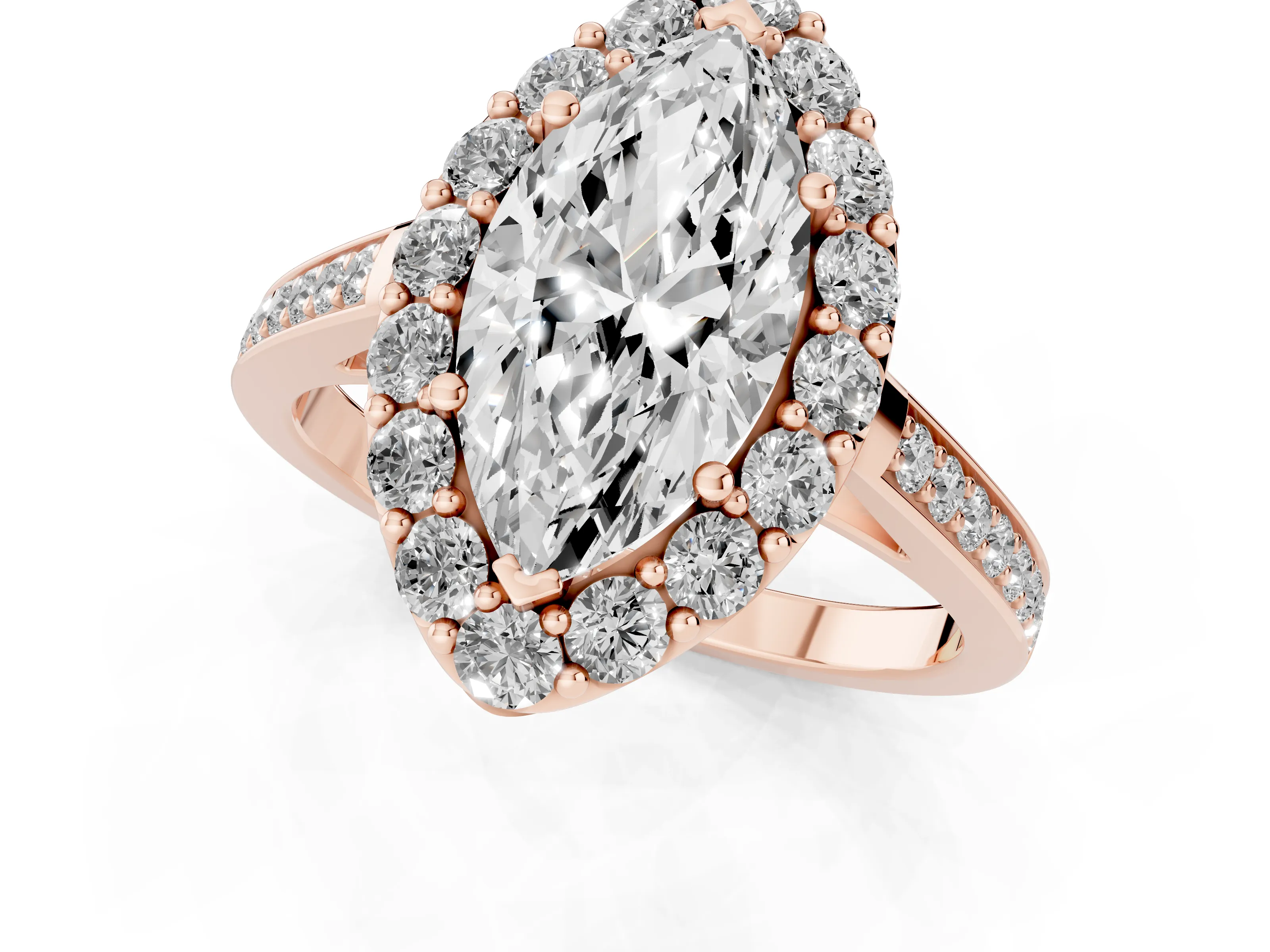 Marquise Cut Diamond Floral Halo Ring Set in Rose gold with Pavé Band and Prong Setting