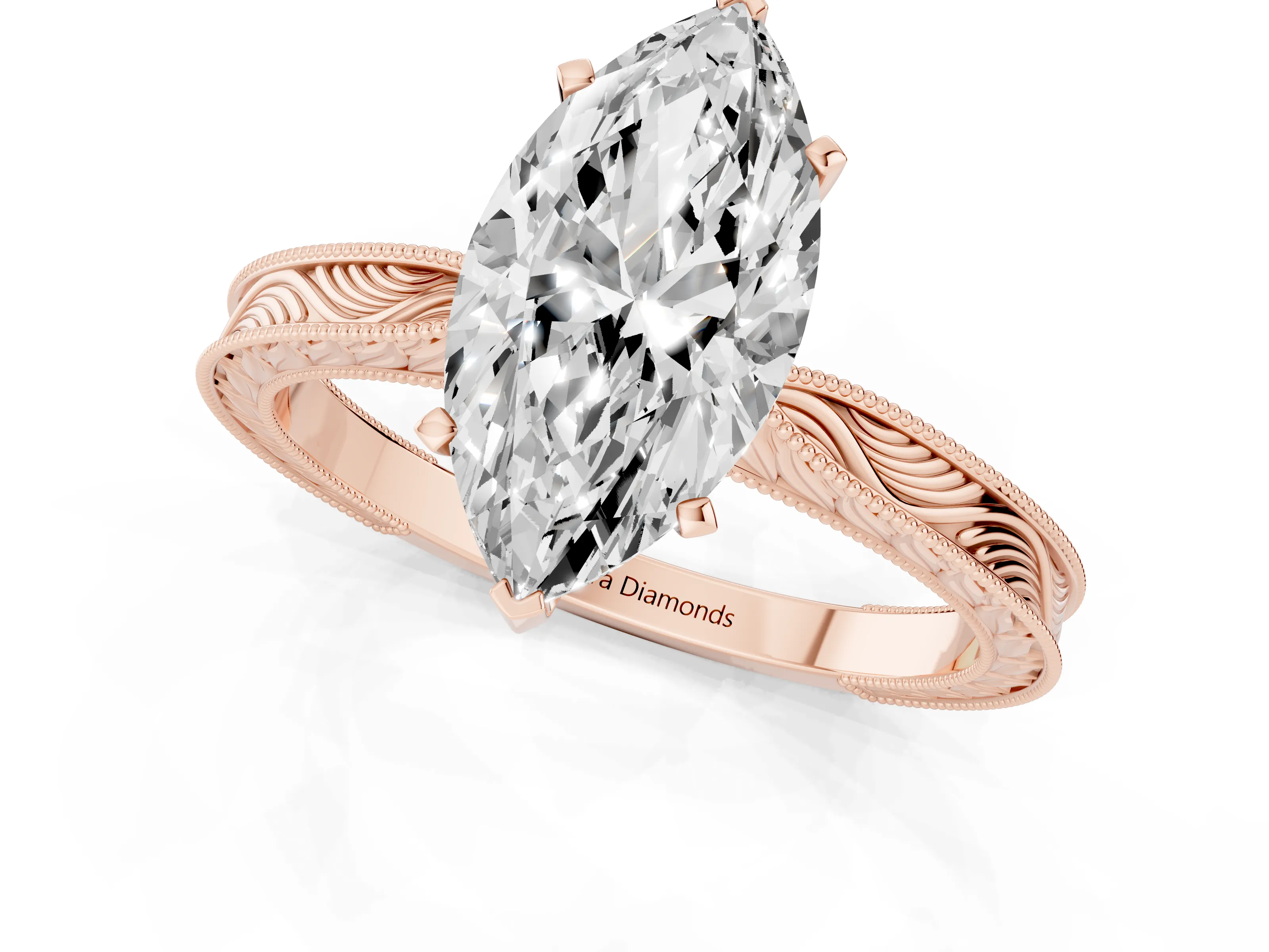 Marquise Cut Diamond Solitaire Milgrain Engraved Band Set in Rose gold with Prong Setting