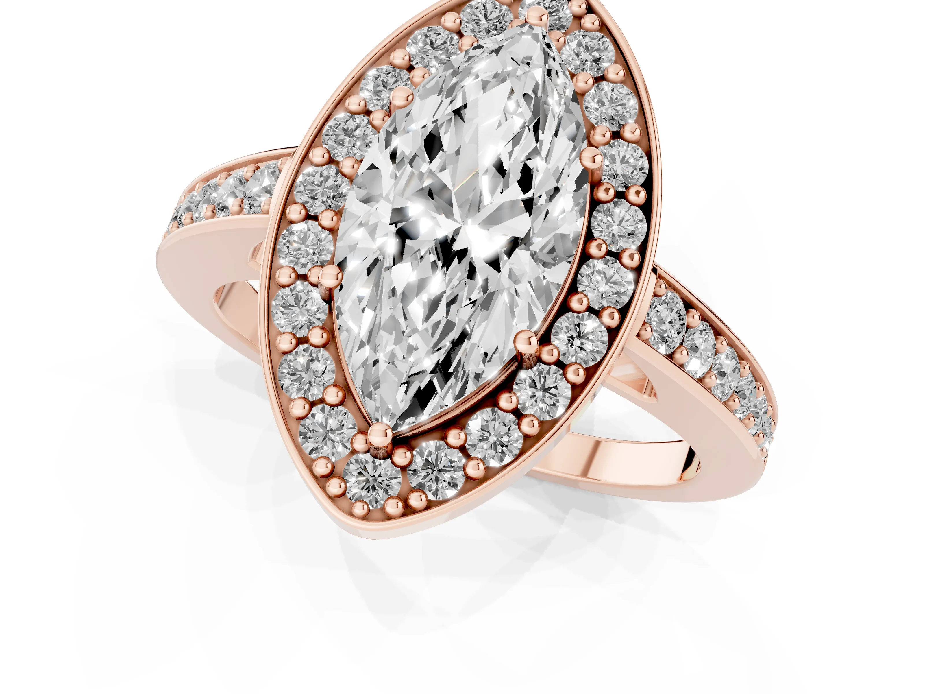 Marquise Cut Diamond Halo Pavé Engagement Ring Set in Rose gold with Bezel Setting
