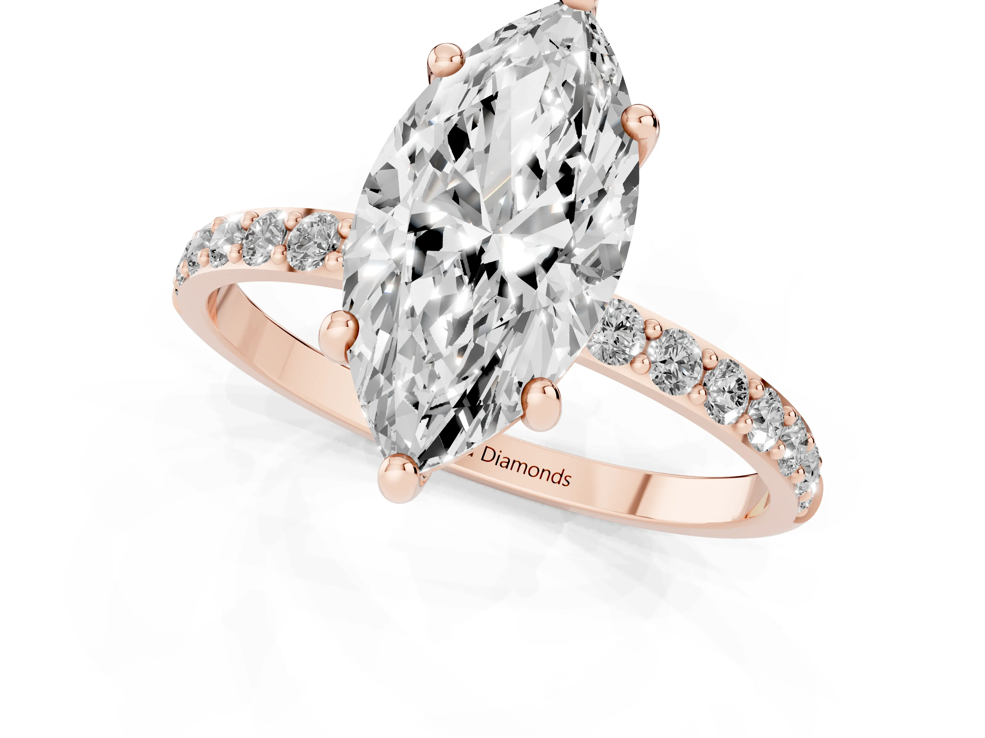 Marquise Cut Diamond Solitaire Ring Set in Rose gold with Round Pavé Band and Prong Setting