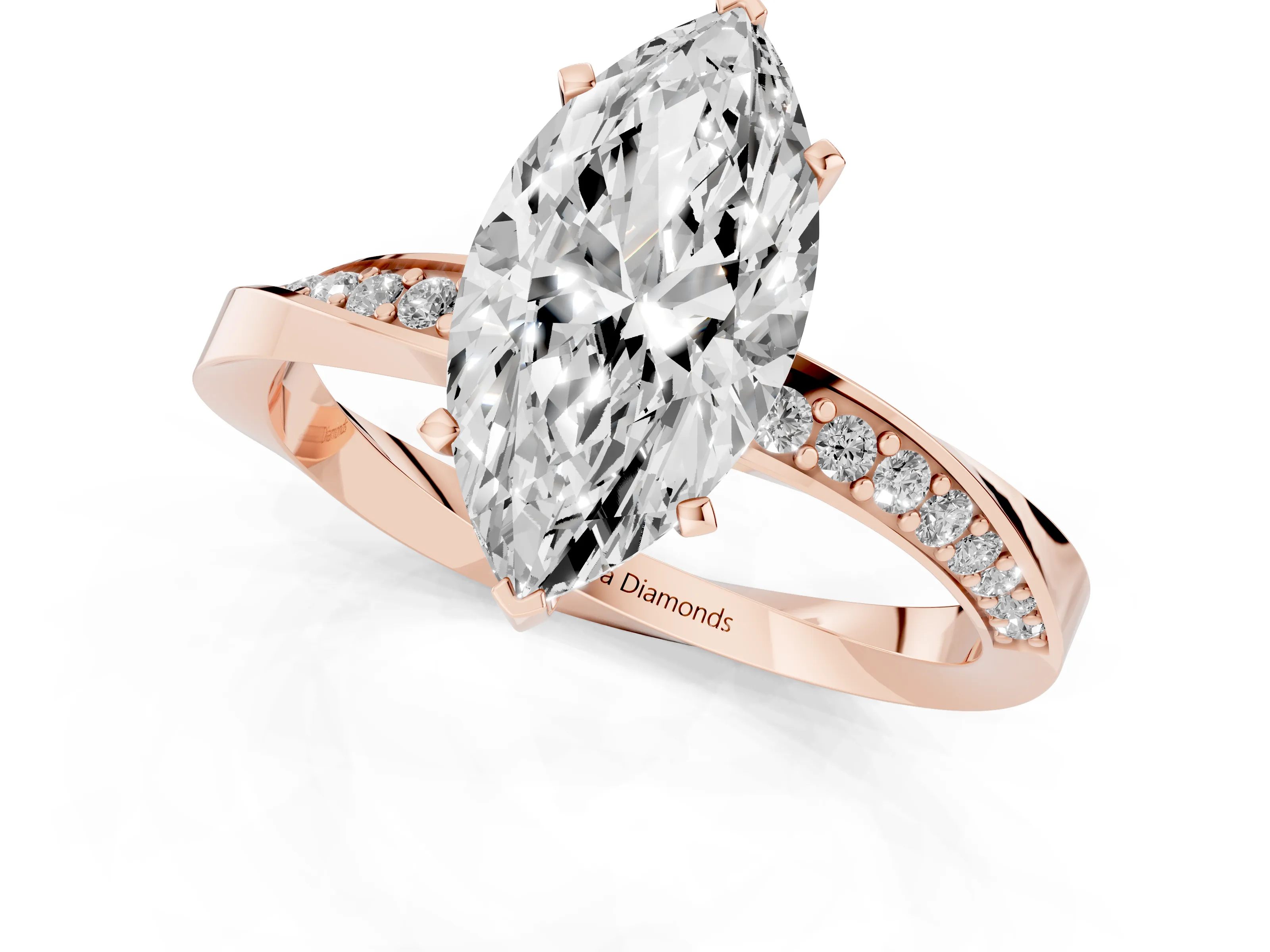 Marquise Cut Diamond Engagement Ring Set in Rose gold with Side Stone Accents and Prong Setting