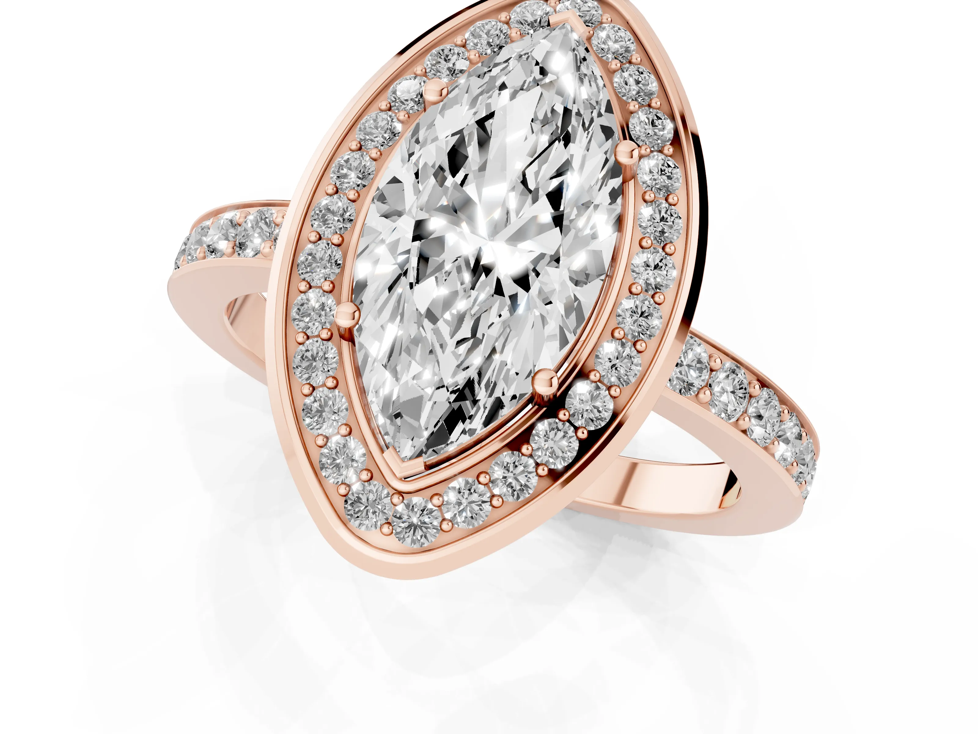 Marquise Cut Diamond Halo Ring Set in Rose gold with Bezel Frame and Pavé Band